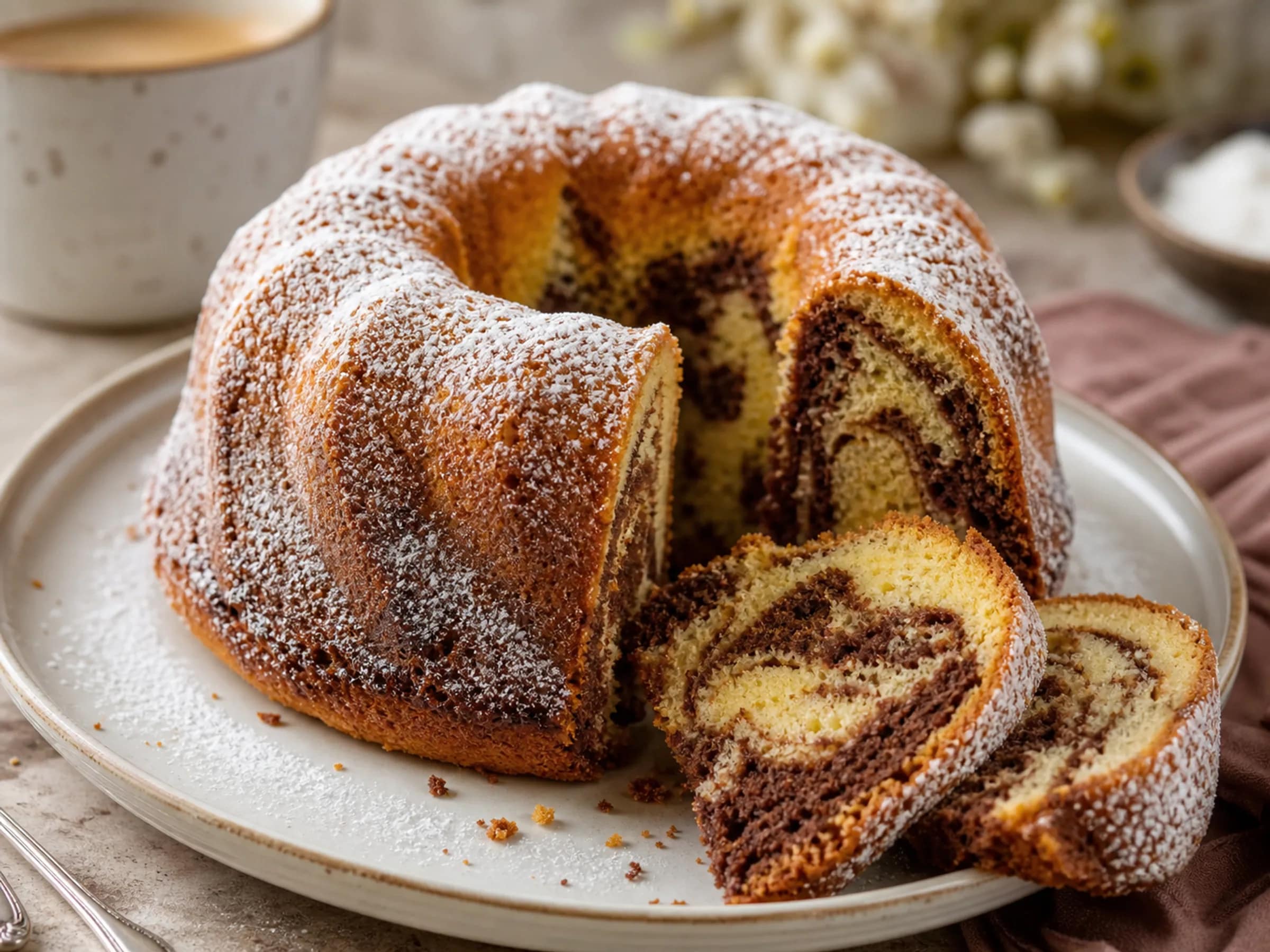 Saftiger Marmorkuchen aus der Gugelhupfform Angeschnittener Marmorkuchen aus der Gugelhupfform mit sichtbarer heller und dunkler Marmorierung
