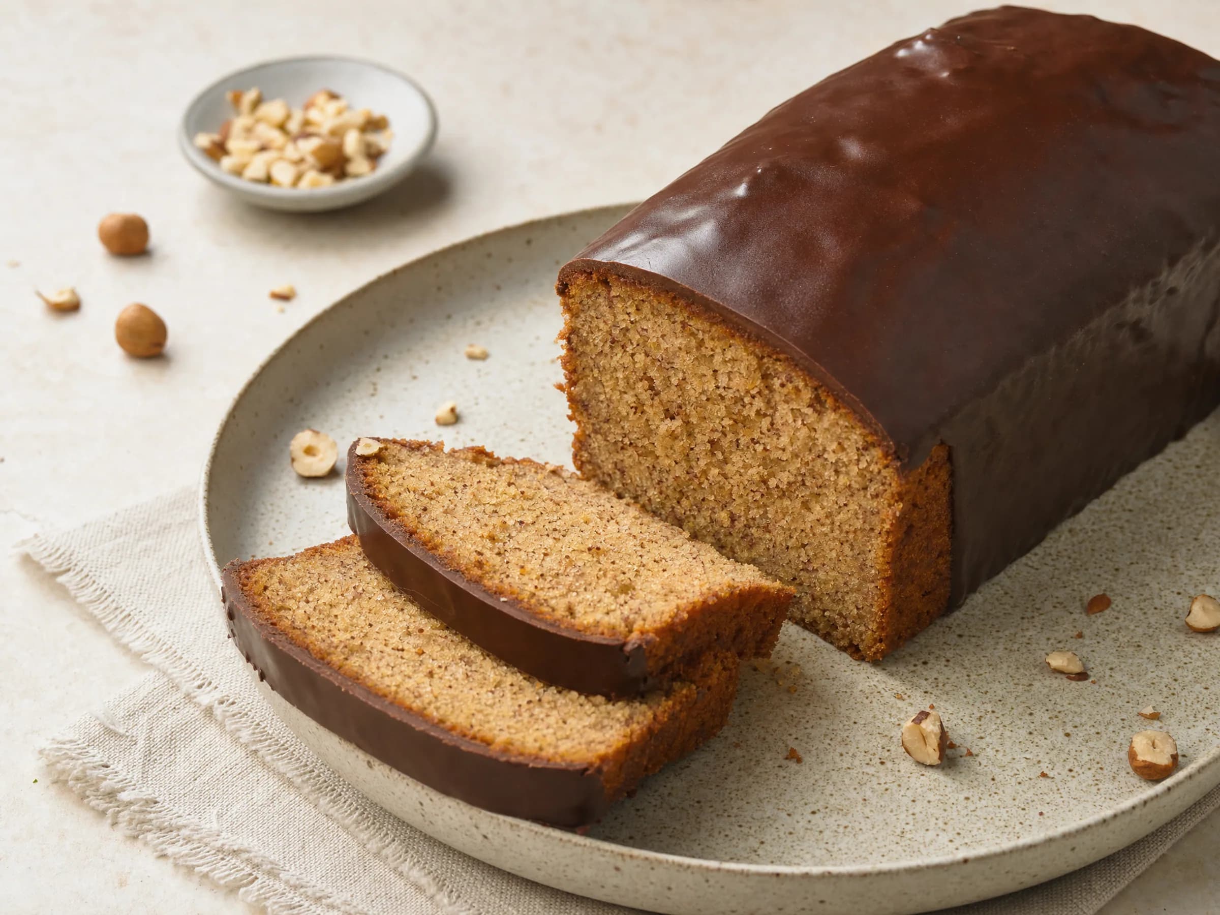 Nusskuchen aus der Kastenform mit gerösteten Haselnüssen und Schokoladenguss Rezeptfoto Nusskuchen aus der Kastenform mit gerösteten Haselnüssen und Schokoladenguss fertig angerichtet