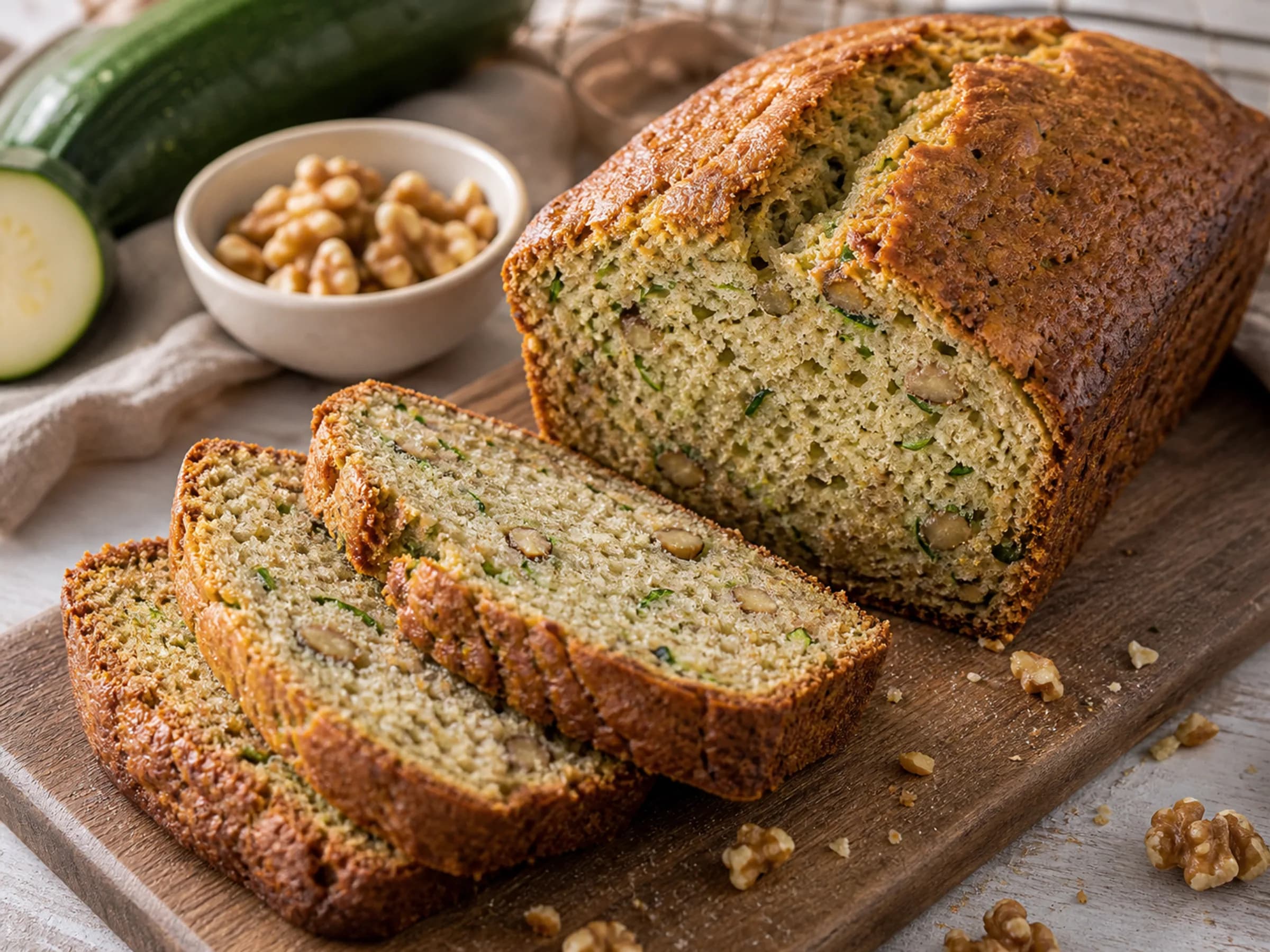 Saftiges Zucchinibrot ohne Nüsse Angeschnittenes saftiges Zucchinibrot mit feiner Krume und sichtbaren Zucchiniraspeln