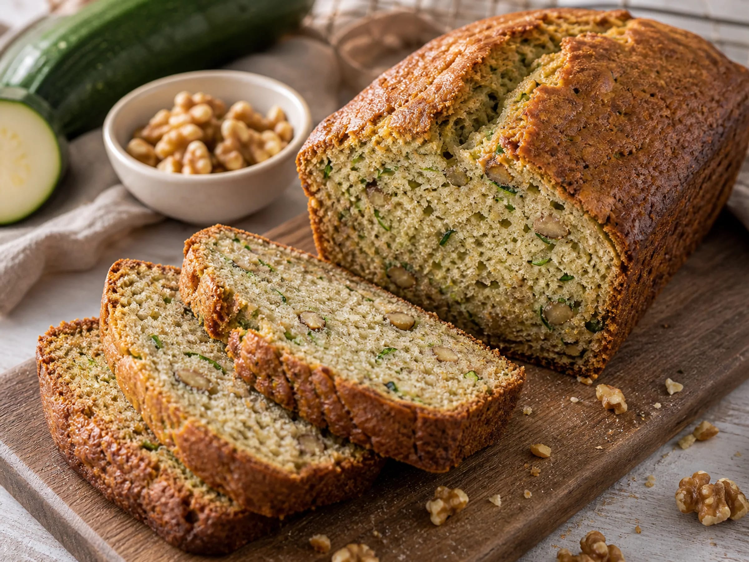 Saftiges Zucchinibrot ohne Nüsse Angeschnittenes saftiges Zucchinibrot mit feiner Krume und sichtbaren Zucchiniraspeln