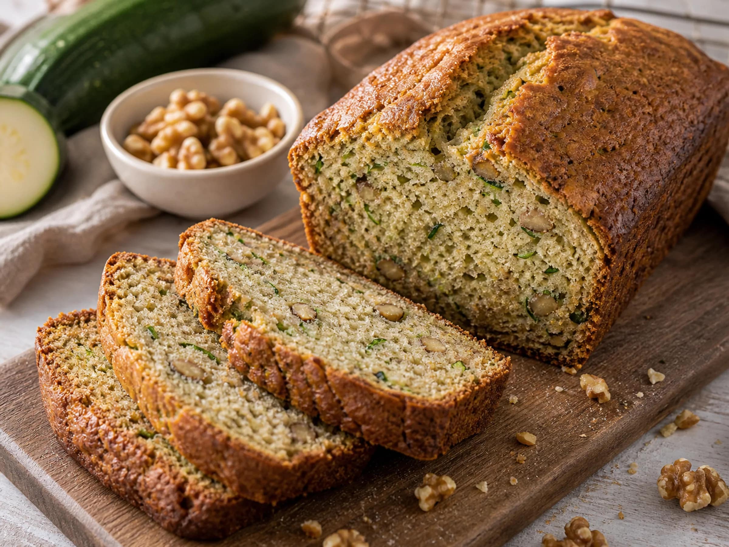 Saftiges Zucchinibrot ohne Nüsse Angeschnittenes saftiges Zucchinibrot mit feiner Krume und sichtbaren Zucchiniraspeln