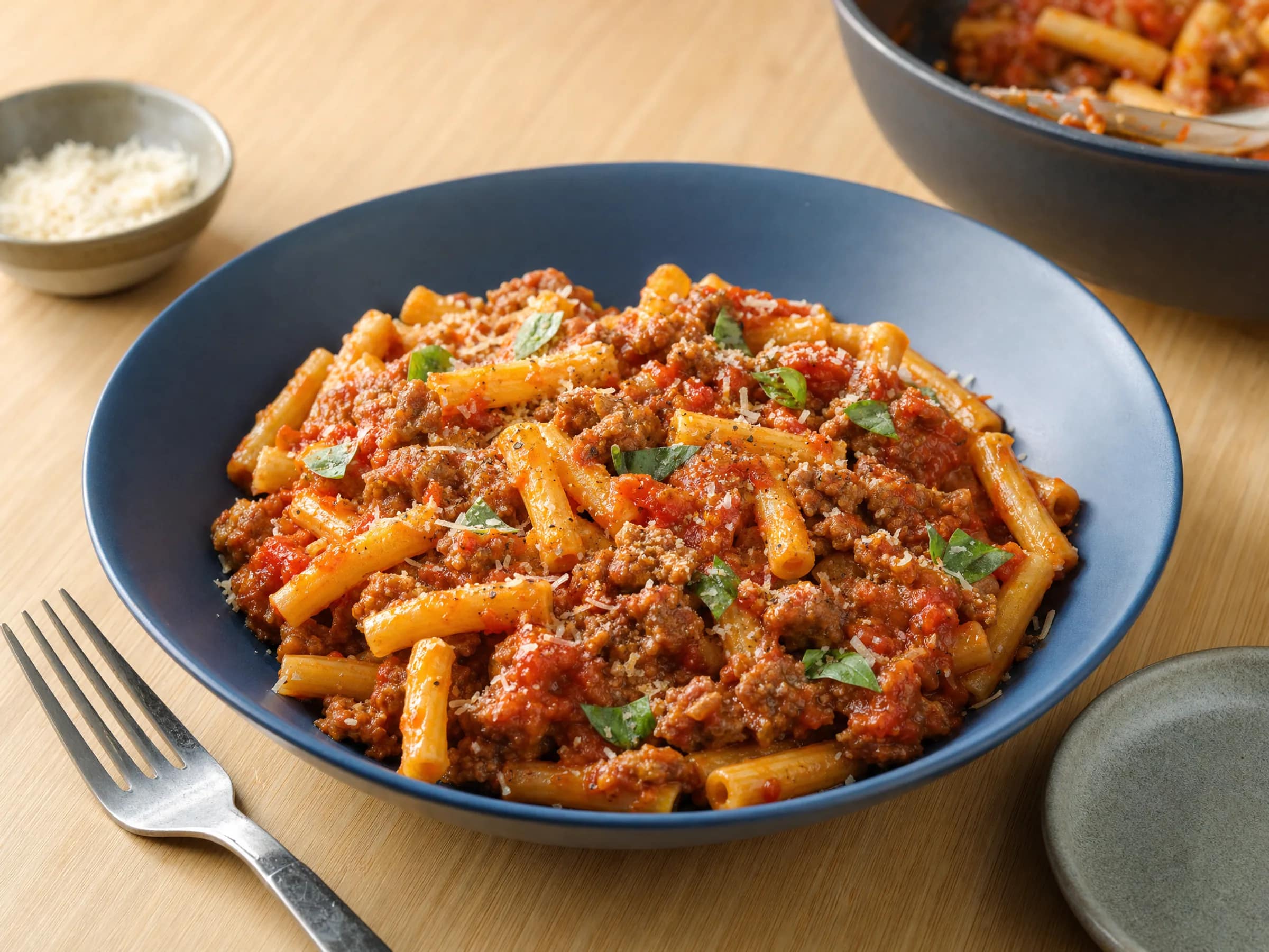 Salsiccia-Pasta mit Tomatensauce und gebräuntem Brät