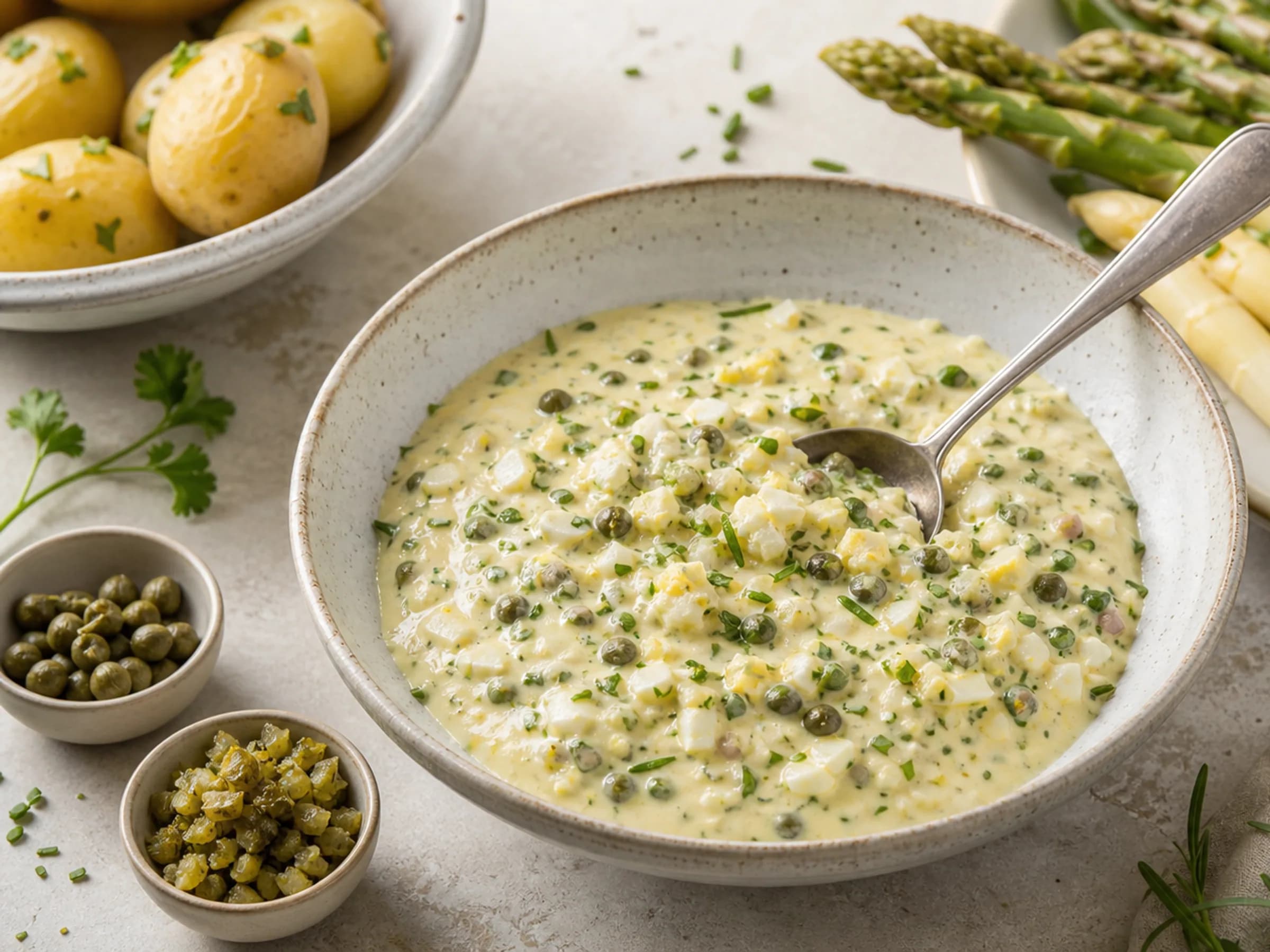 Sauce Gribiche mit Ei und Kräutern Sauce Gribiche mit Ei, Kapern, Cornichons und Kräutern in einer Schale