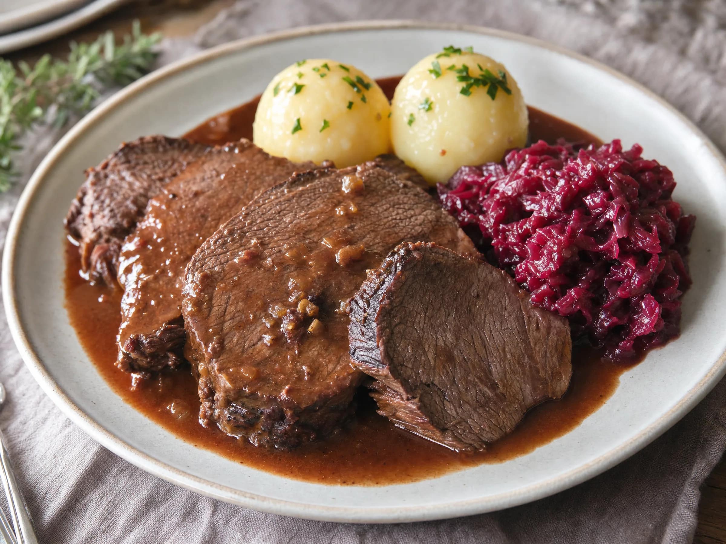 Sauerbraten aus dem Backofen mit rheinischer Printensauce