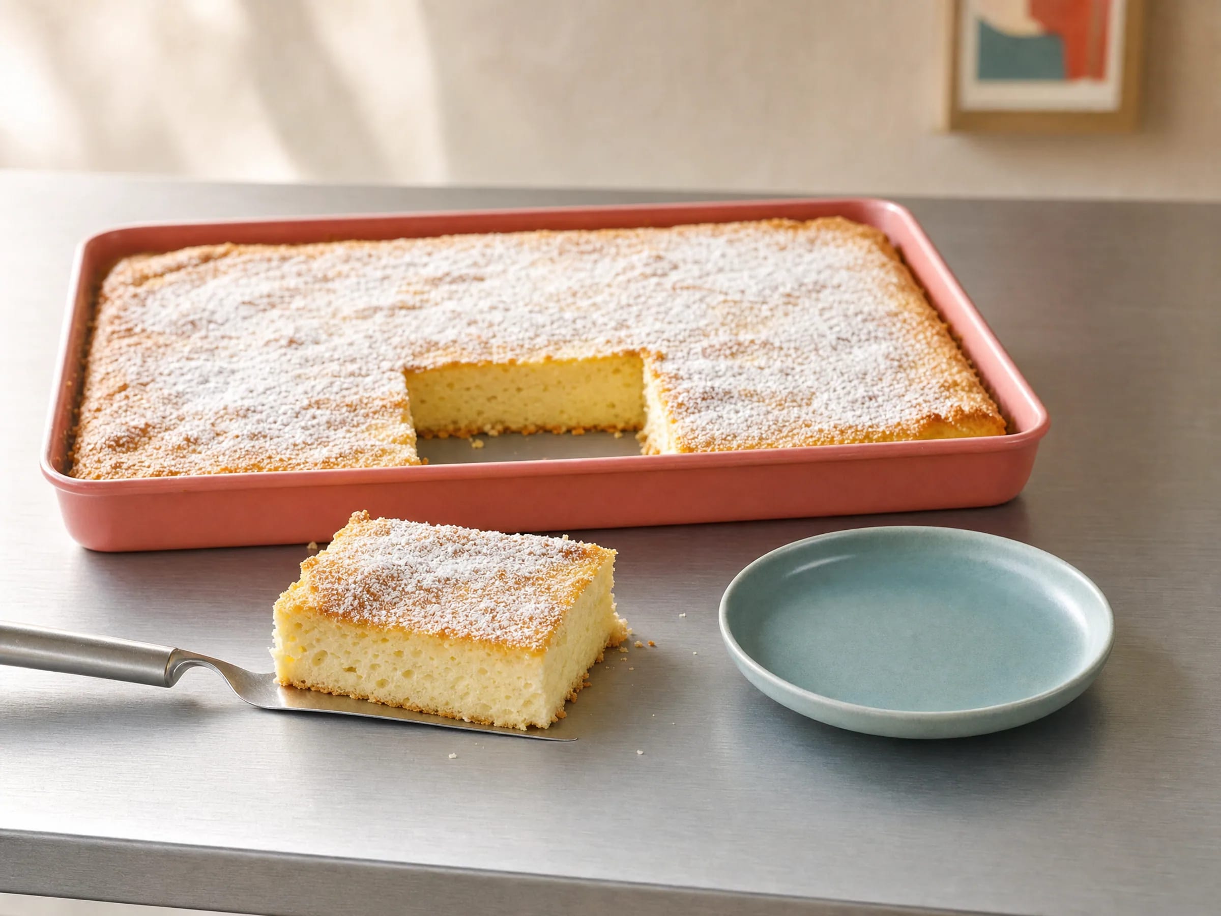 Saure-Sahne-Kuchen vom Blech nach DDR-Art Rezeptfoto Saure-Sahne-Kuchen vom Blech nach DDR-Art fertig angerichtet
