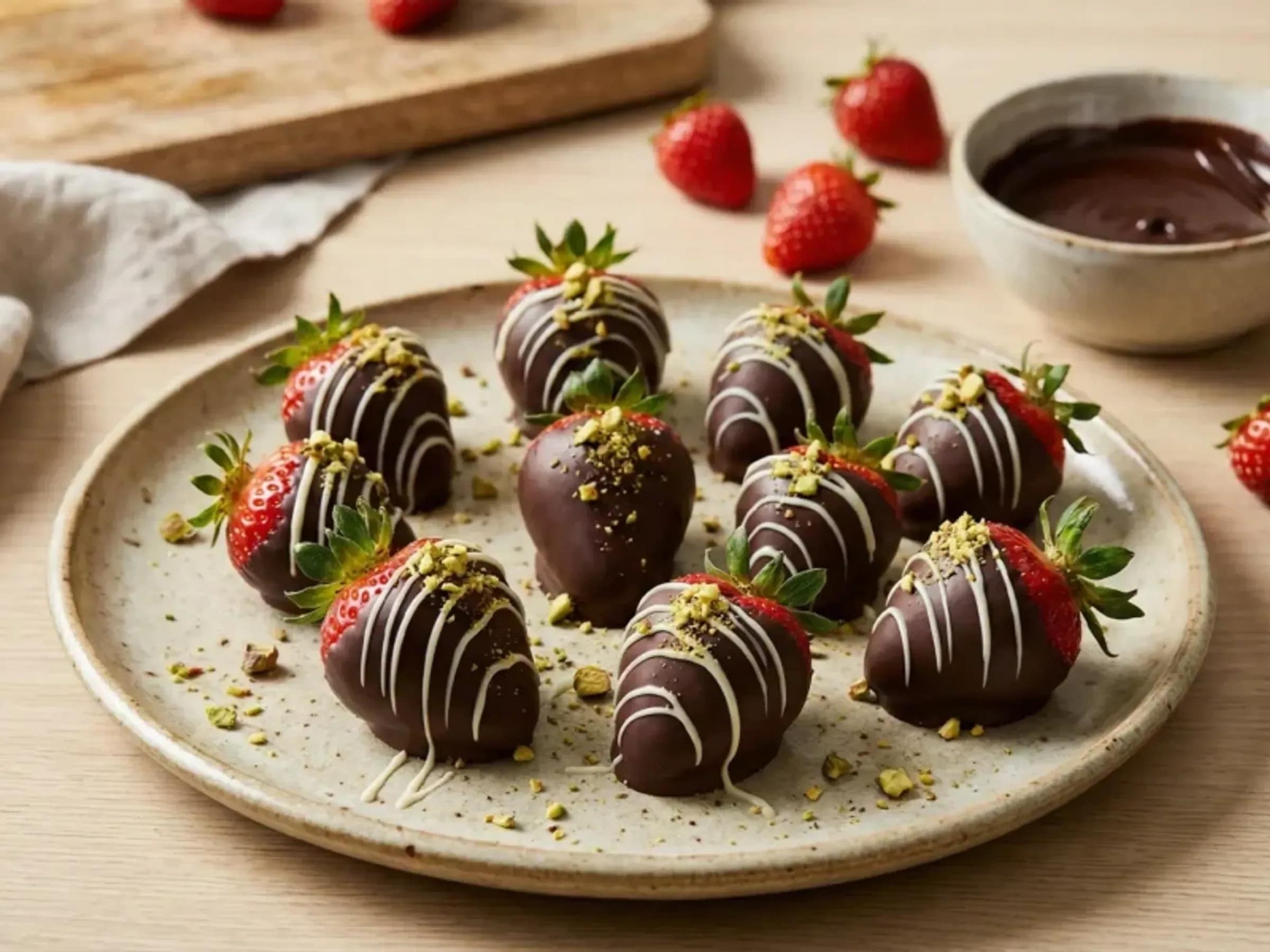 Dekorierte Schoko-Erdbeeren Schoko-Erdbeeren mit dunklem Überzug, weißer Schokolade und gehackten Nüssen
