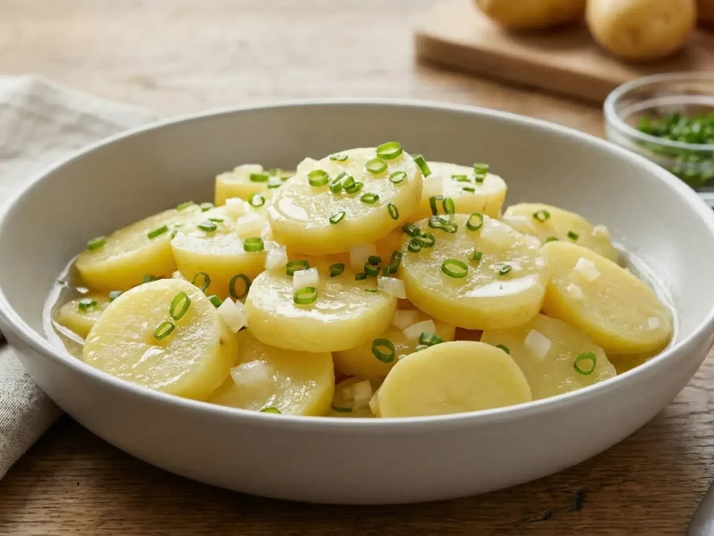 Schwäbischer Kartoffelsalat ohne Mayonnaise Schwäbischer Kartoffelsalat mit glänzenden Kartoffelscheiben, Zwiebel und Schnittlauch