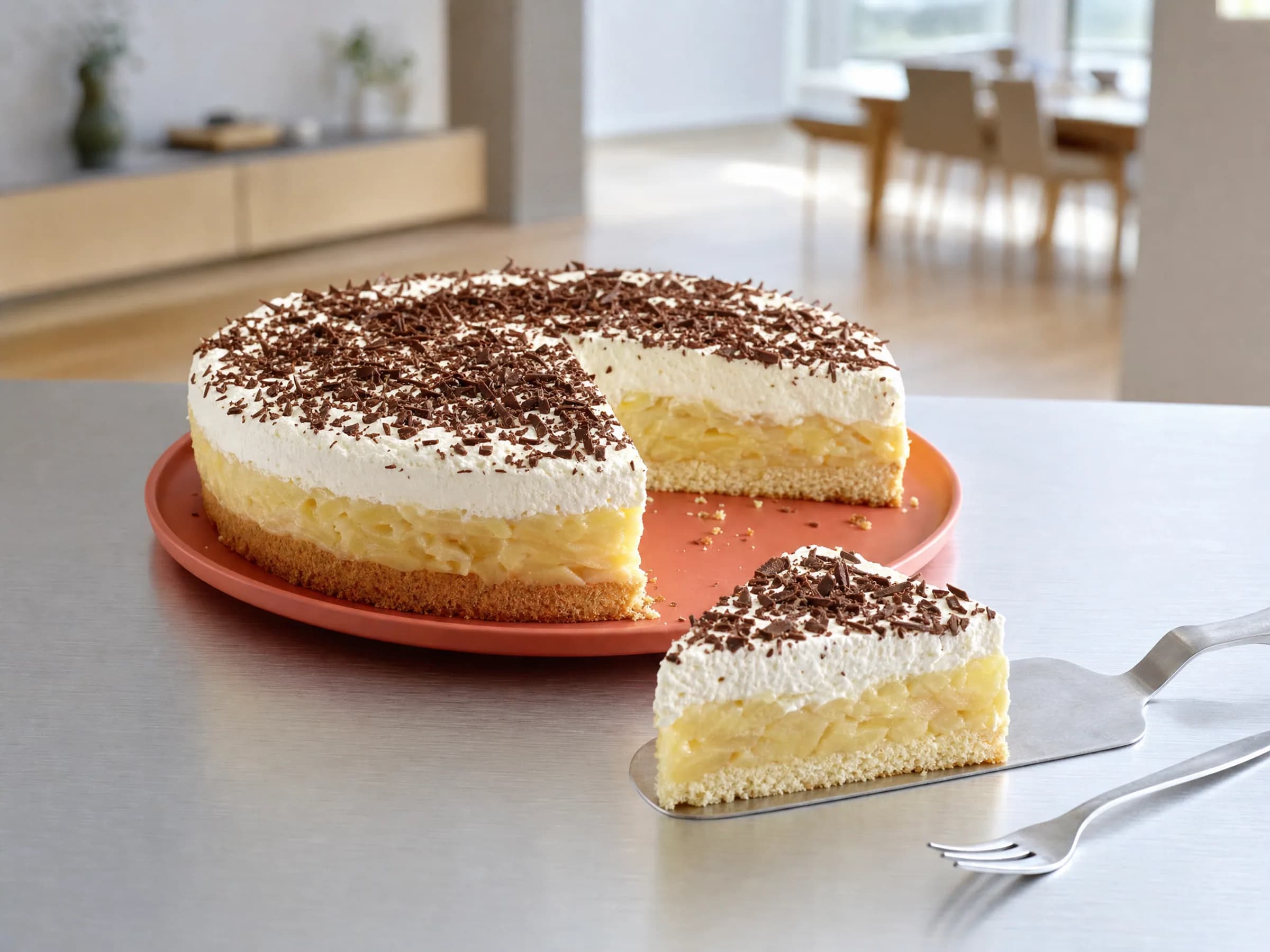 Schwedische Apfeltorte mit Vanillepudding und Sahnehaube Rezeptfoto Schwedische Apfeltorte mit Vanillepudding und Sahnehaube fertig angerichtet