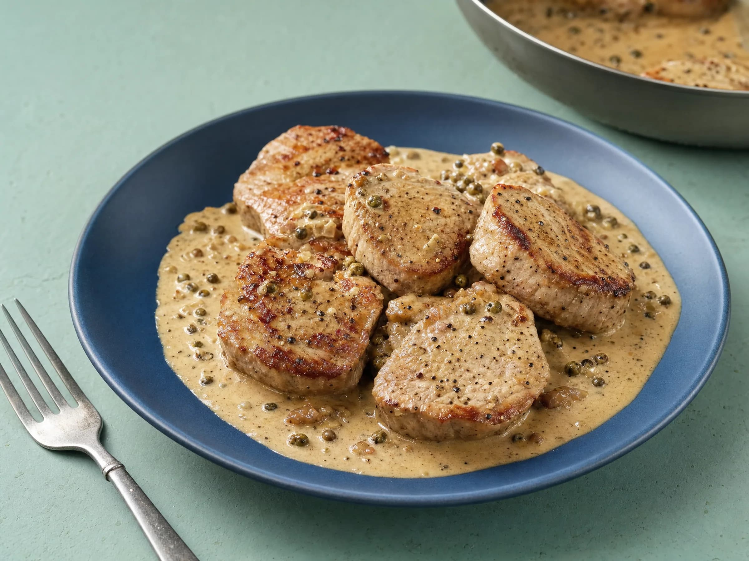 Schweinemedaillons in Pfefferrahmsoße aus der Pfanne Rezeptfoto Schweinemedaillons in Pfefferrahmsoße aus der Pfanne fertig angerichtet