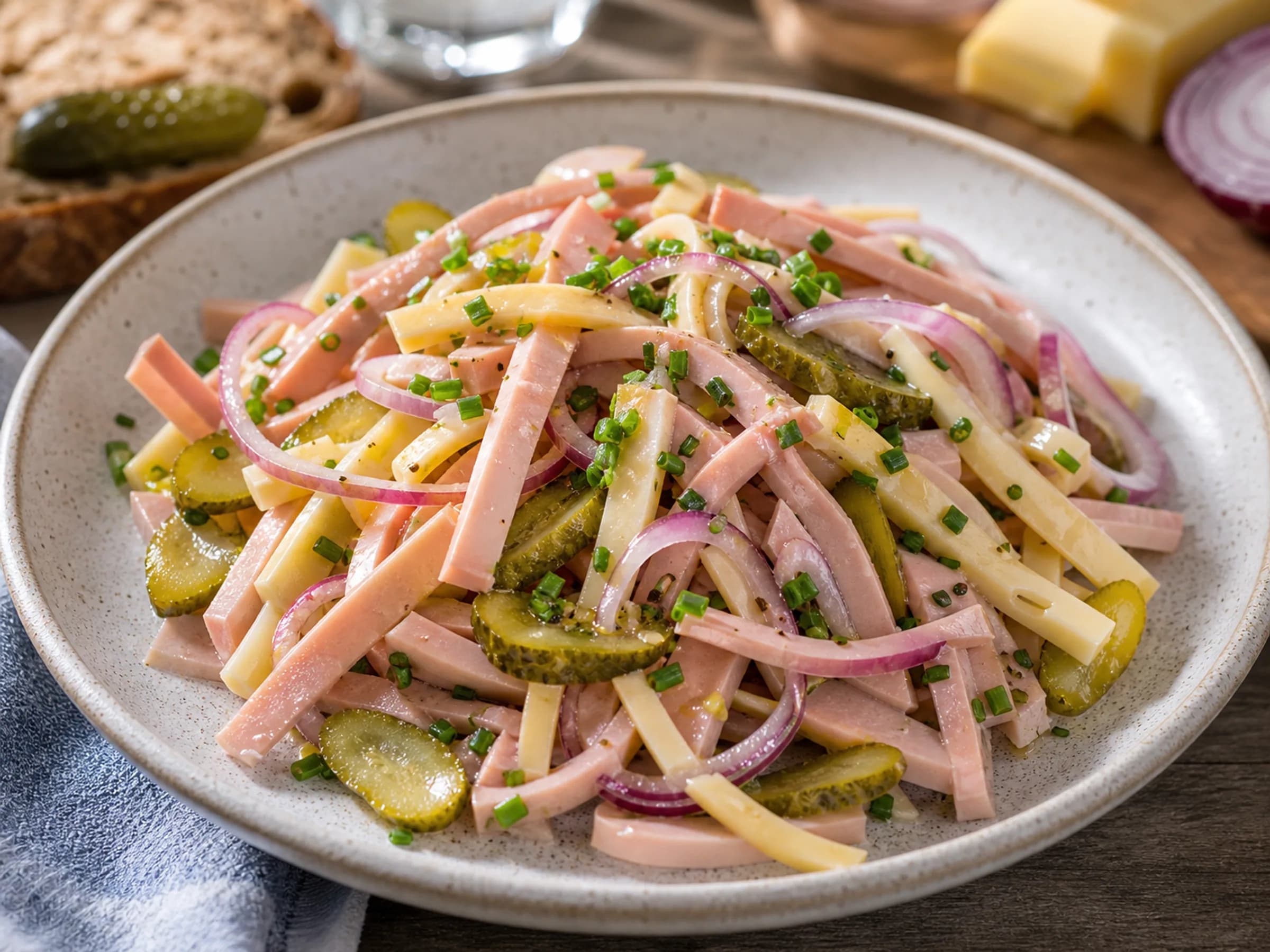 Schweizer Wurstsalat mit Käse Schweizer Wurstsalat mit Cervelat, Emmentaler, Cornichons und roten Zwiebeln