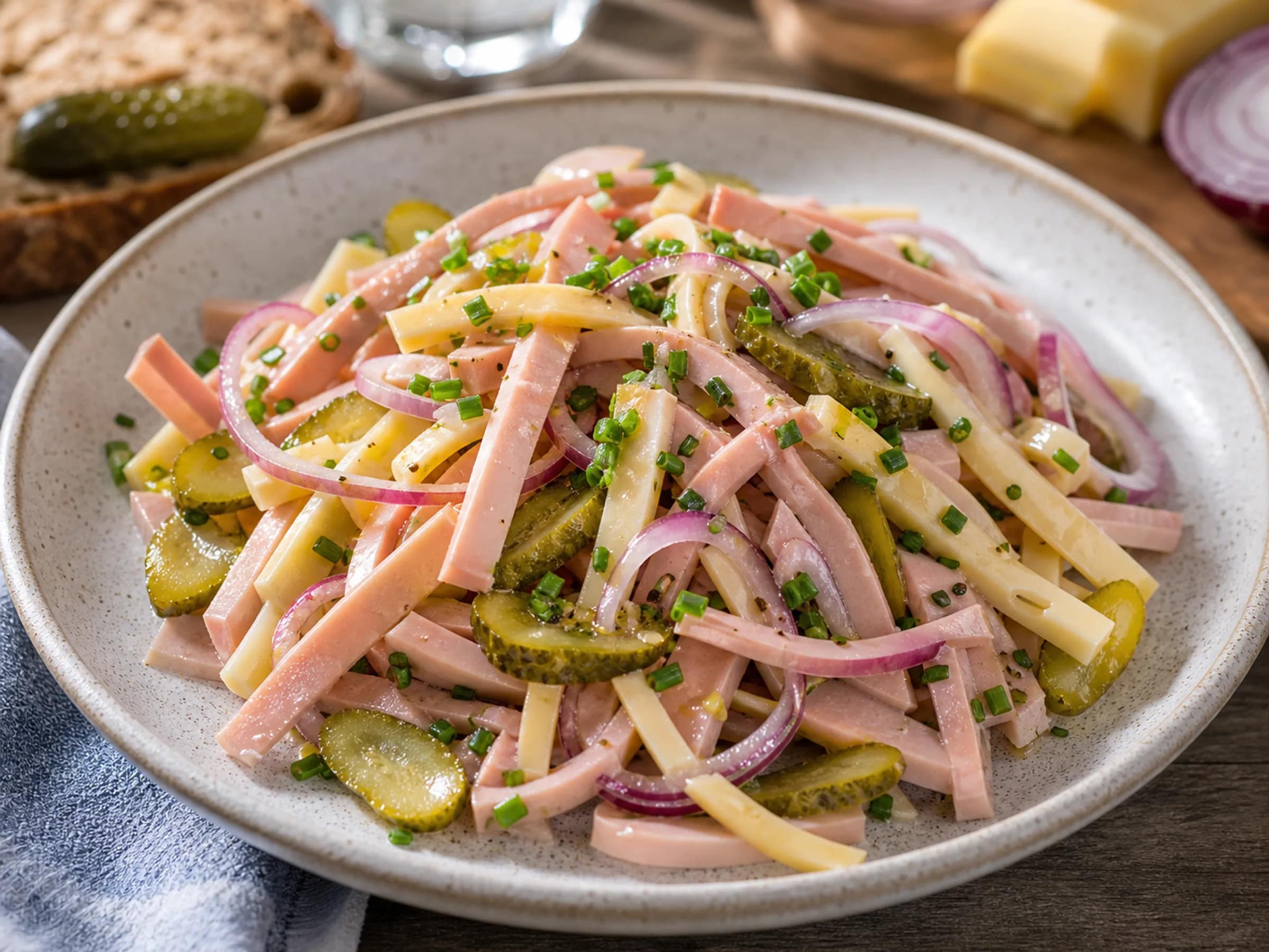 Schweizer Wurstsalat mit Cervelat und Emmentaler