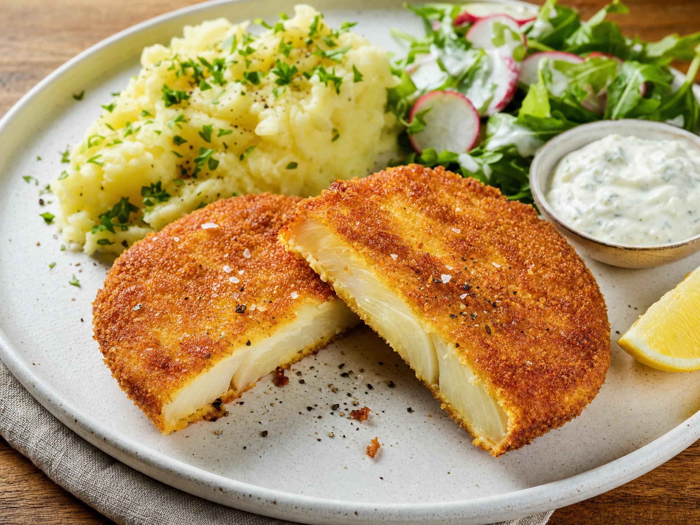 Sellerieschnitzel aus der Pfanne mit Panade Rezeptfoto Sellerieschnitzel aus der Pfanne mit Panade fertig angerichtet