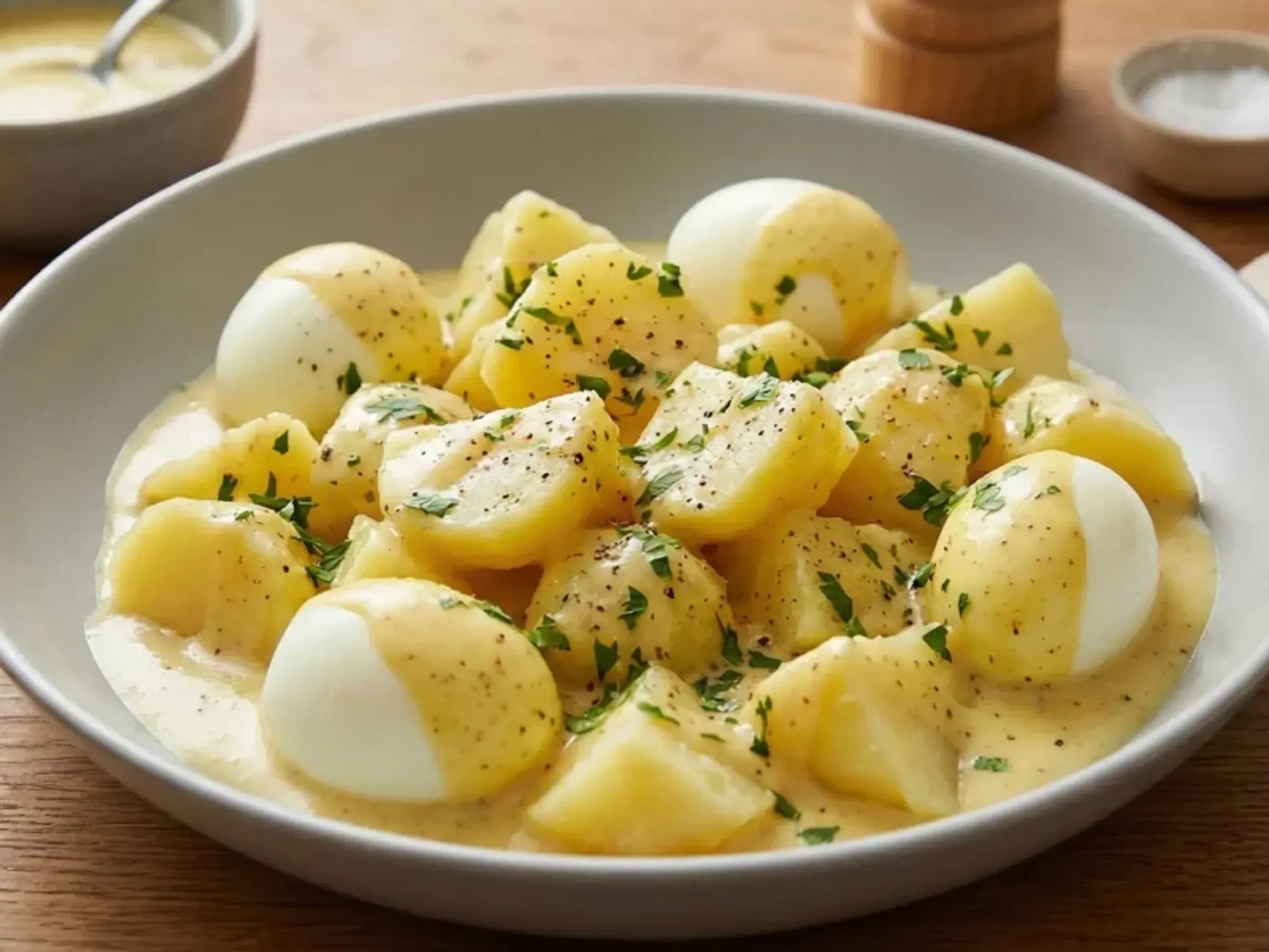 Klassische Senfeier mit Kartoffeln Halbierte Eier und Kartoffeln in cremiger Senfsauce mit Petersilie