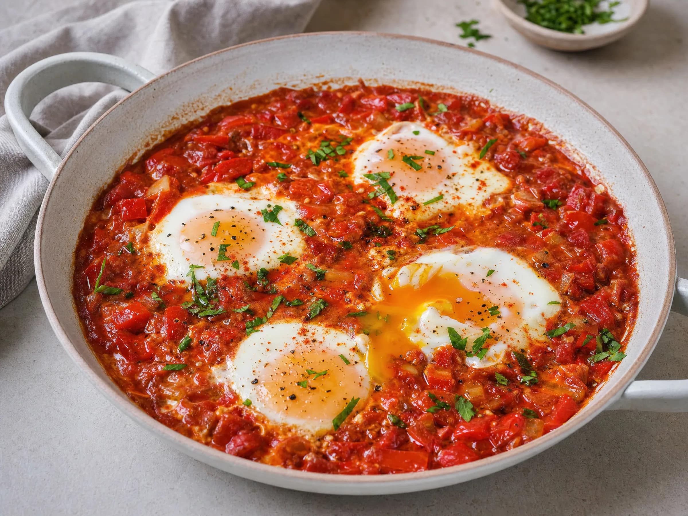 Shakshuka mit Tomaten-Paprika-Sauce und weichem Eigelb