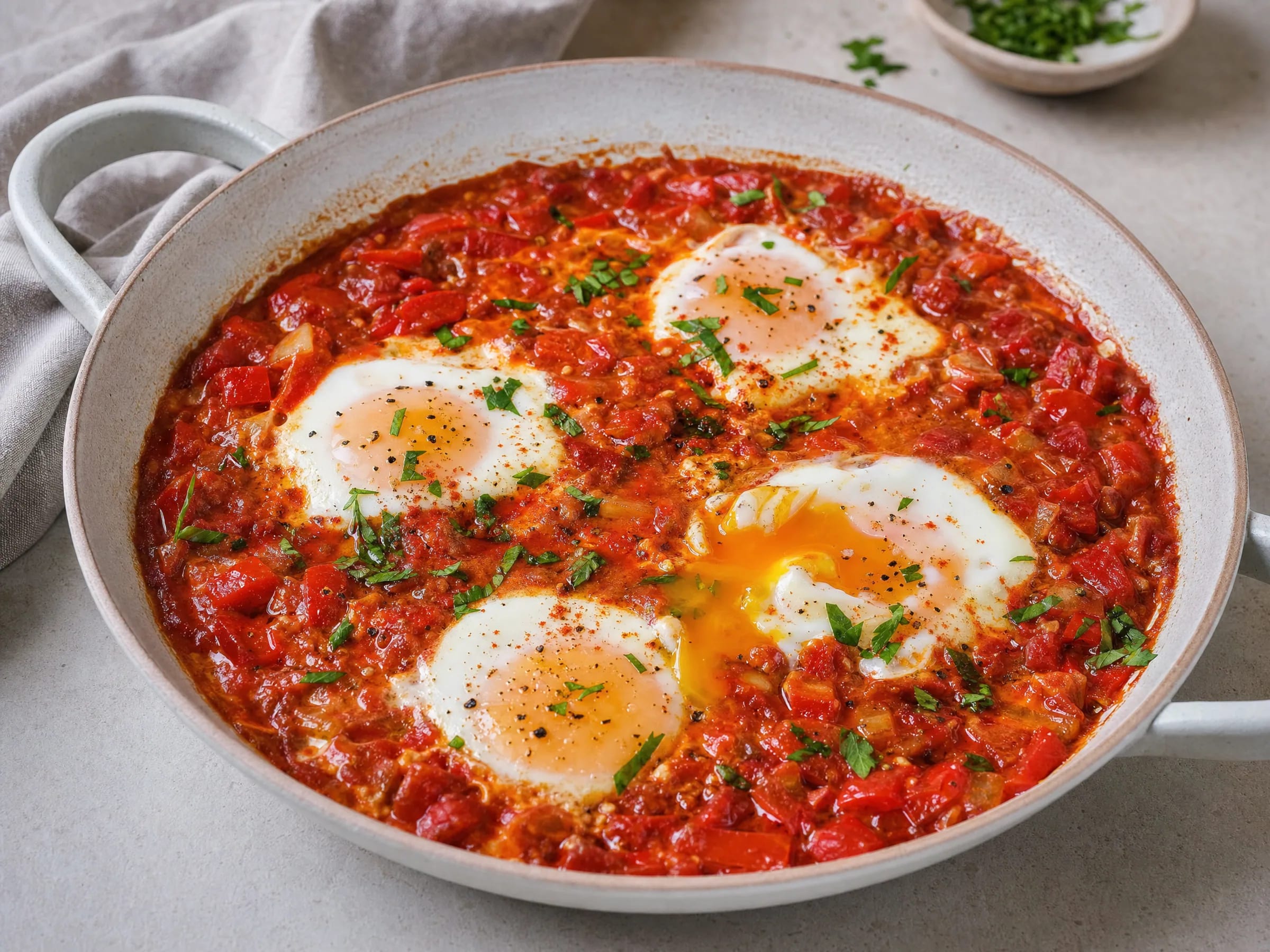 Shakshuka mit Tomaten-Paprika-Sauce und cremigem Eigelb Rezeptfoto Shakshuka mit Tomaten-Paprika-Sauce und cremigem Eigelb fertig angerichtet