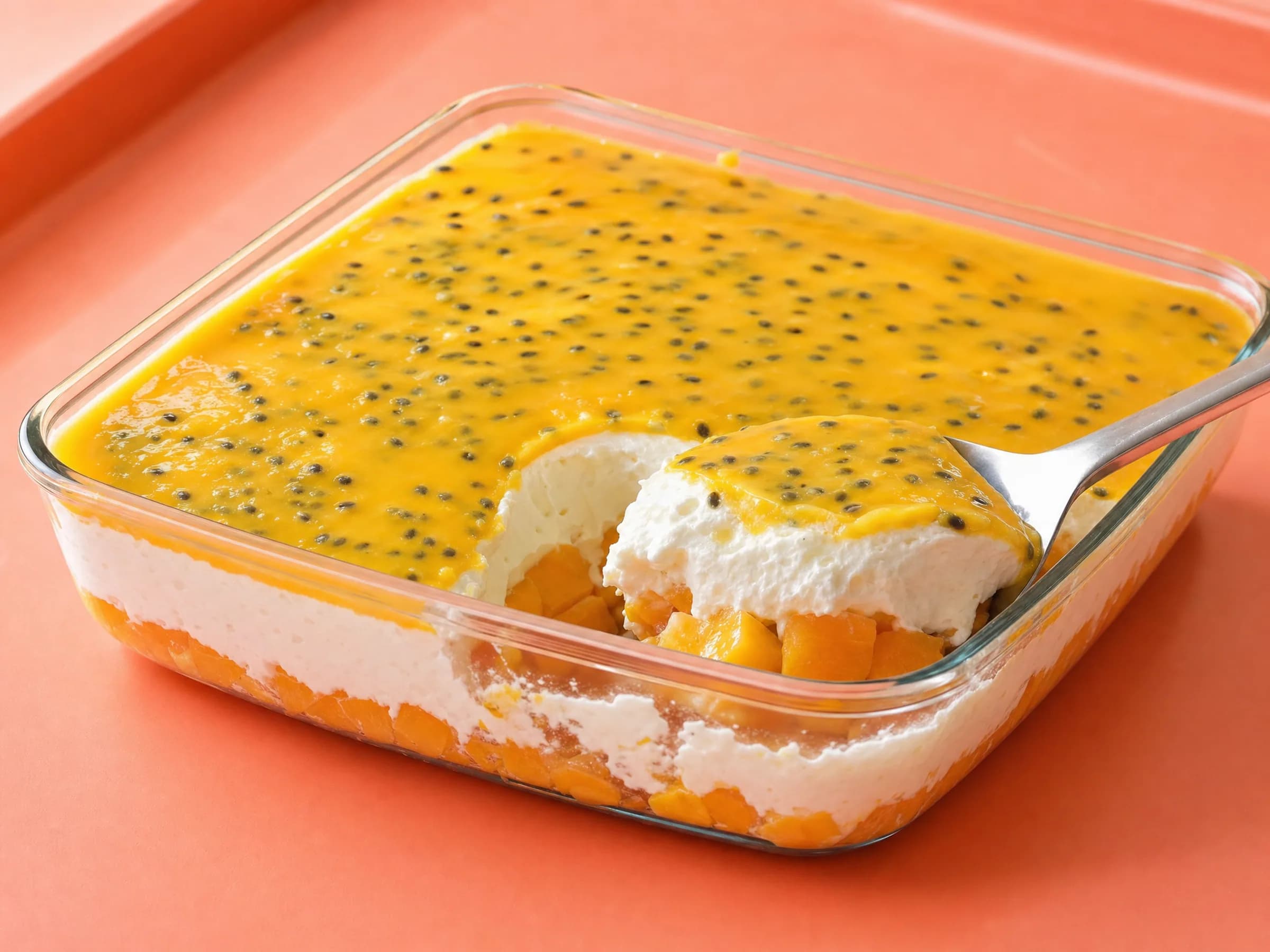 Solero-Dessert aus der Auflaufform mit Pfirsich und Maracuja Rezeptfoto Solero-Dessert aus der Auflaufform mit Pfirsich und Maracuja fertig angerichtet