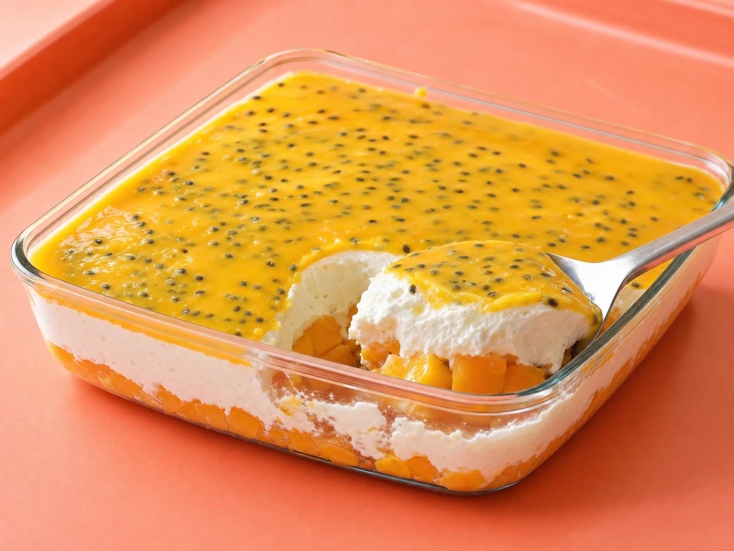 Solero-Dessert aus der Auflaufform mit Pfirsich und Maracuja