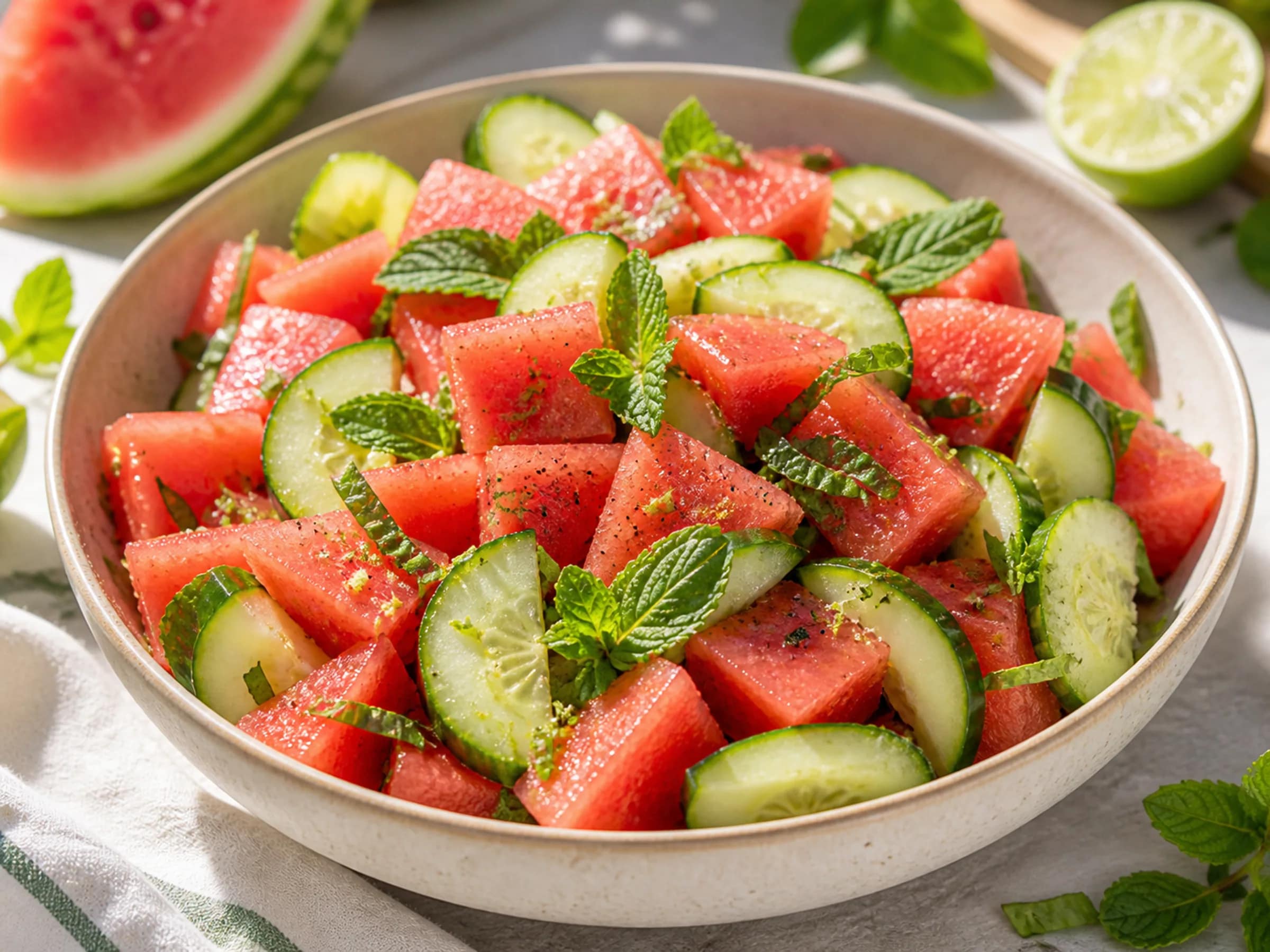 Wassermelonensalat mit Gurke und Minze