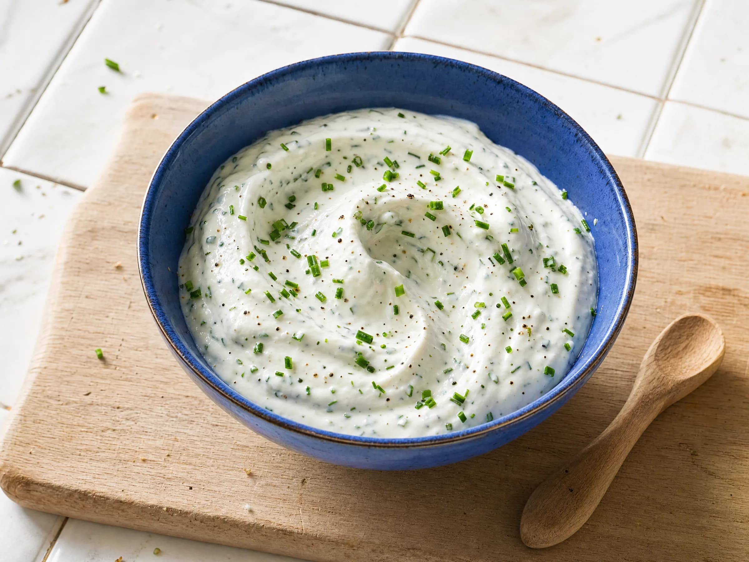 Sour Cream mit Schnittlauch und Knoblauch Rezeptfoto Sour Cream mit Schnittlauch und Knoblauch fertig angerichtet