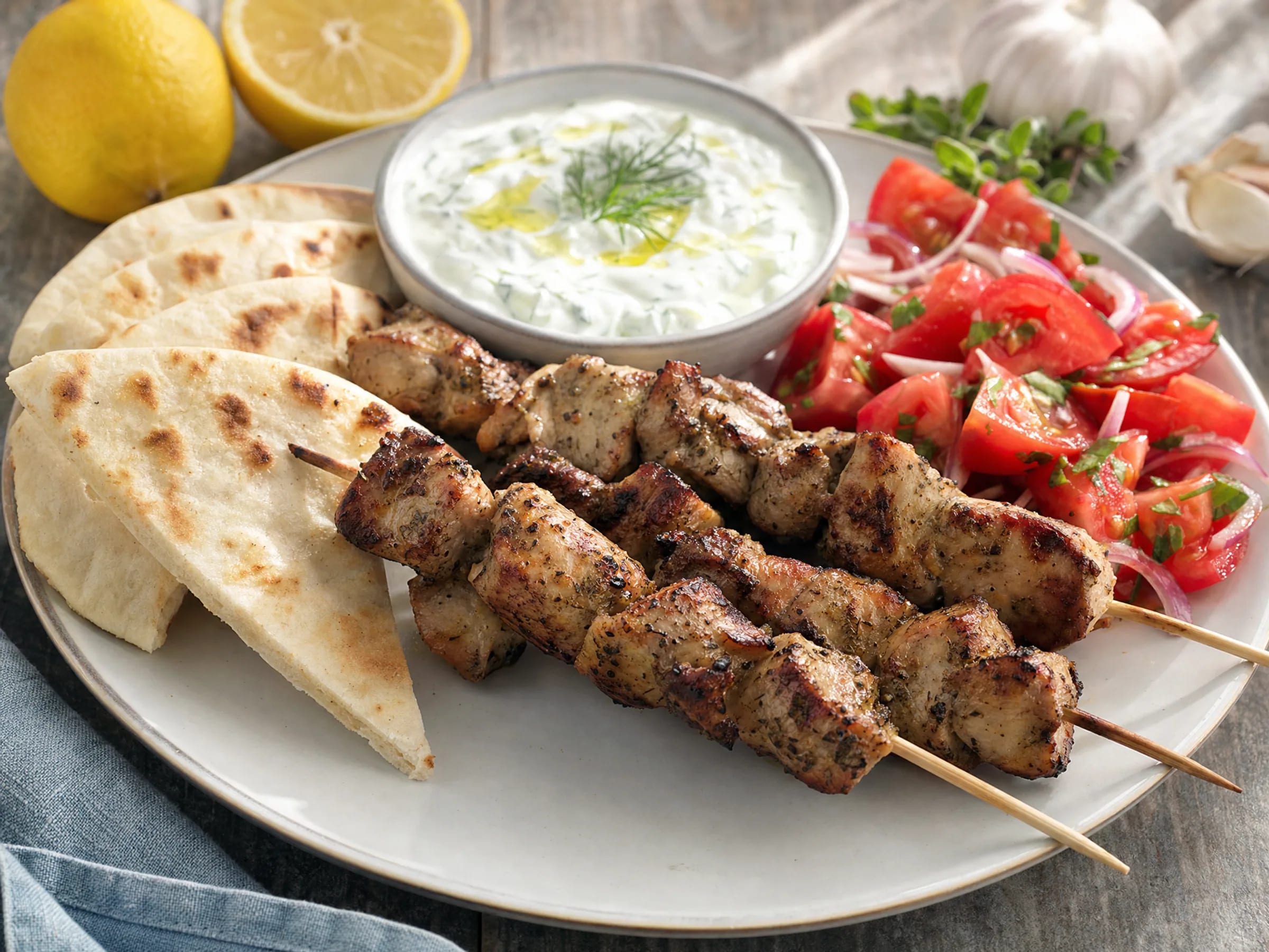 Souvlaki mit Schweinenacken und Zitronen-Oregano-Marinade Rezeptfoto Souvlaki mit Schweinenacken und Zitronen-Oregano-Marinade fertig angerichtet
