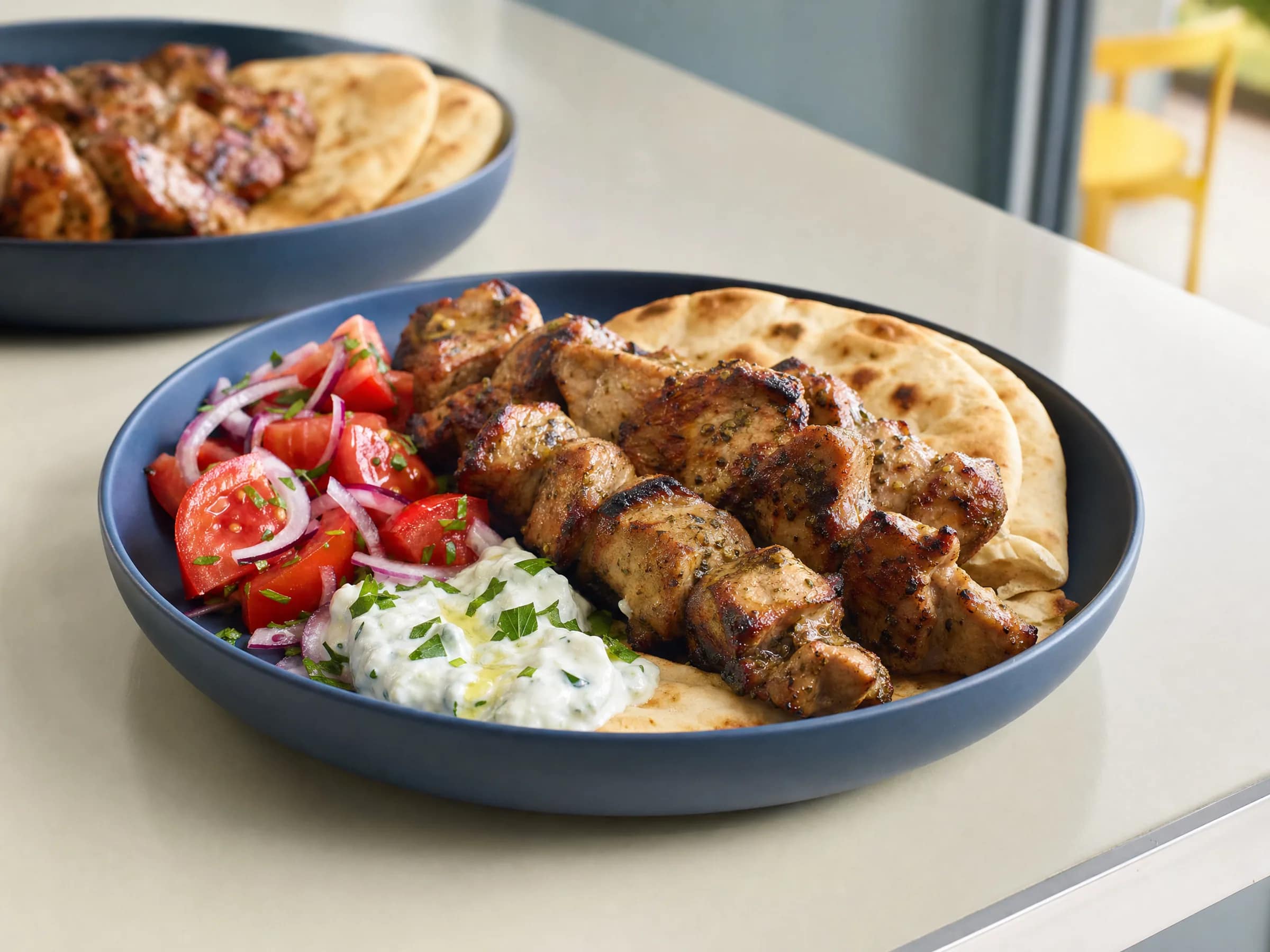 Souvlaki mit Schweinenacken und Zitronen-Oregano-Marinade Rezeptfoto Souvlaki mit Schweinenacken und Zitronen-Oregano-Marinade fertig angerichtet