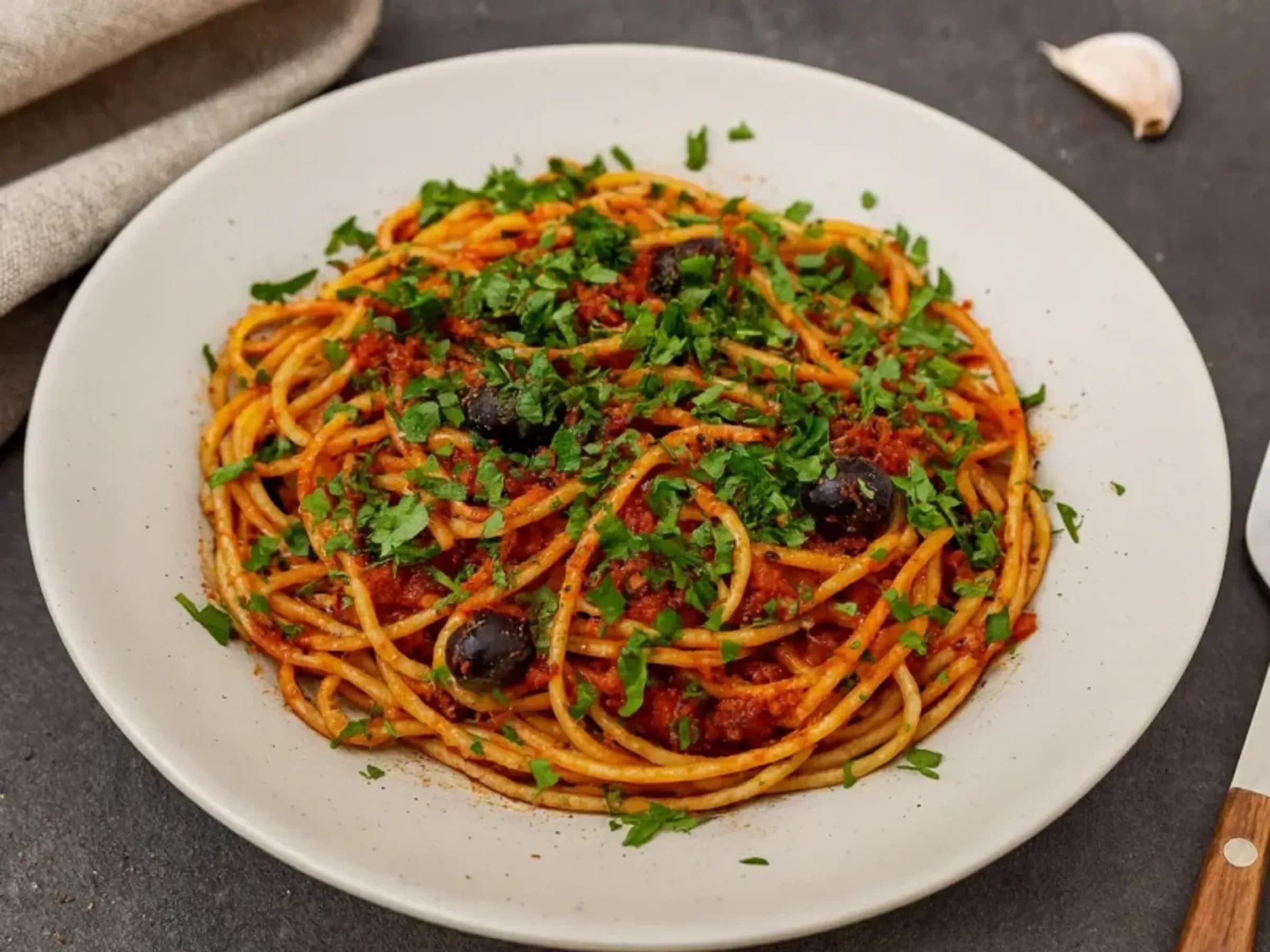 Spaghetti alla Puttanesca mit Oliven und Kapern