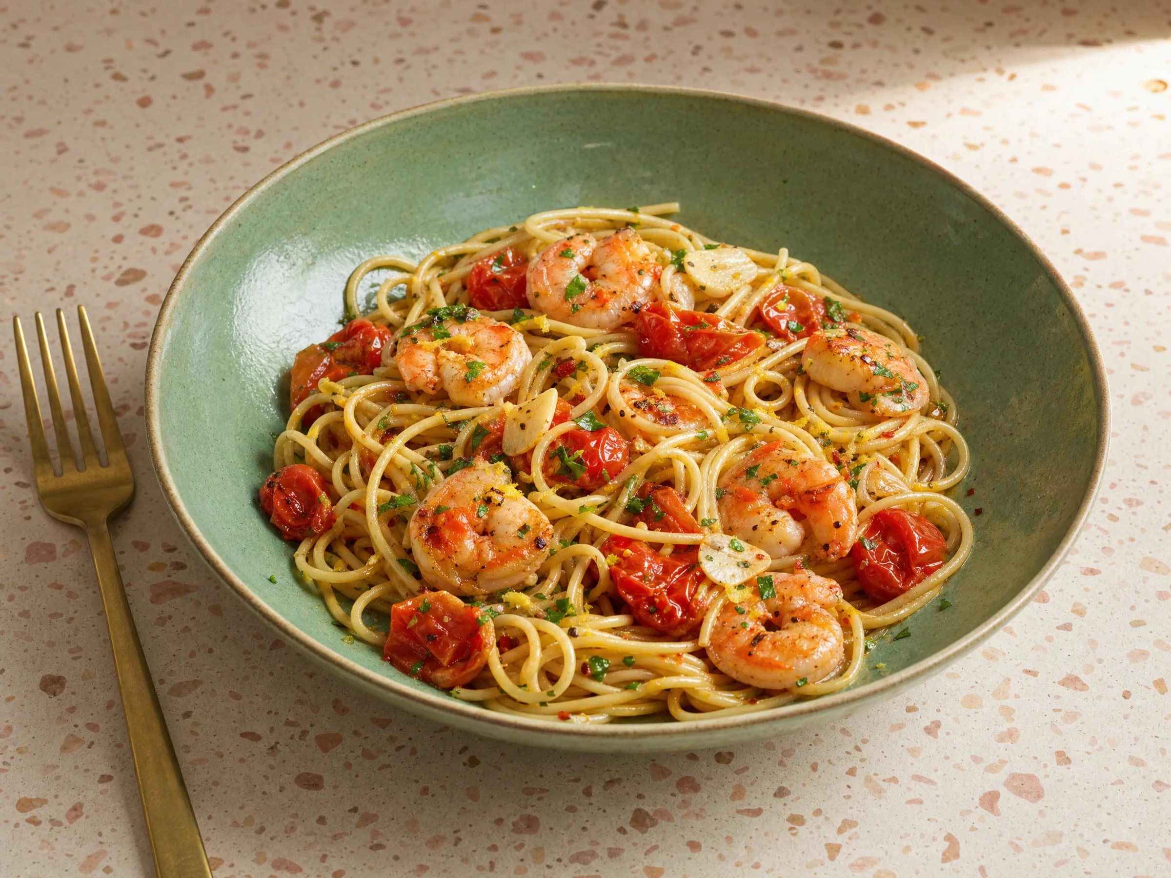 Spaghetti mit Garnelen, Knoblauch und Kirschtomaten