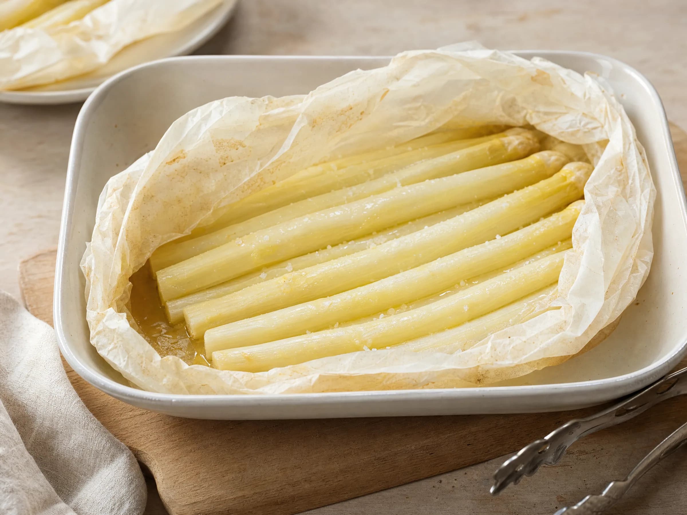 Spargel im Backofen – weißer Spargel im Backpapier Rezeptfoto Spargel im Backofen – weißer Spargel im Backpapier fertig angerichtet