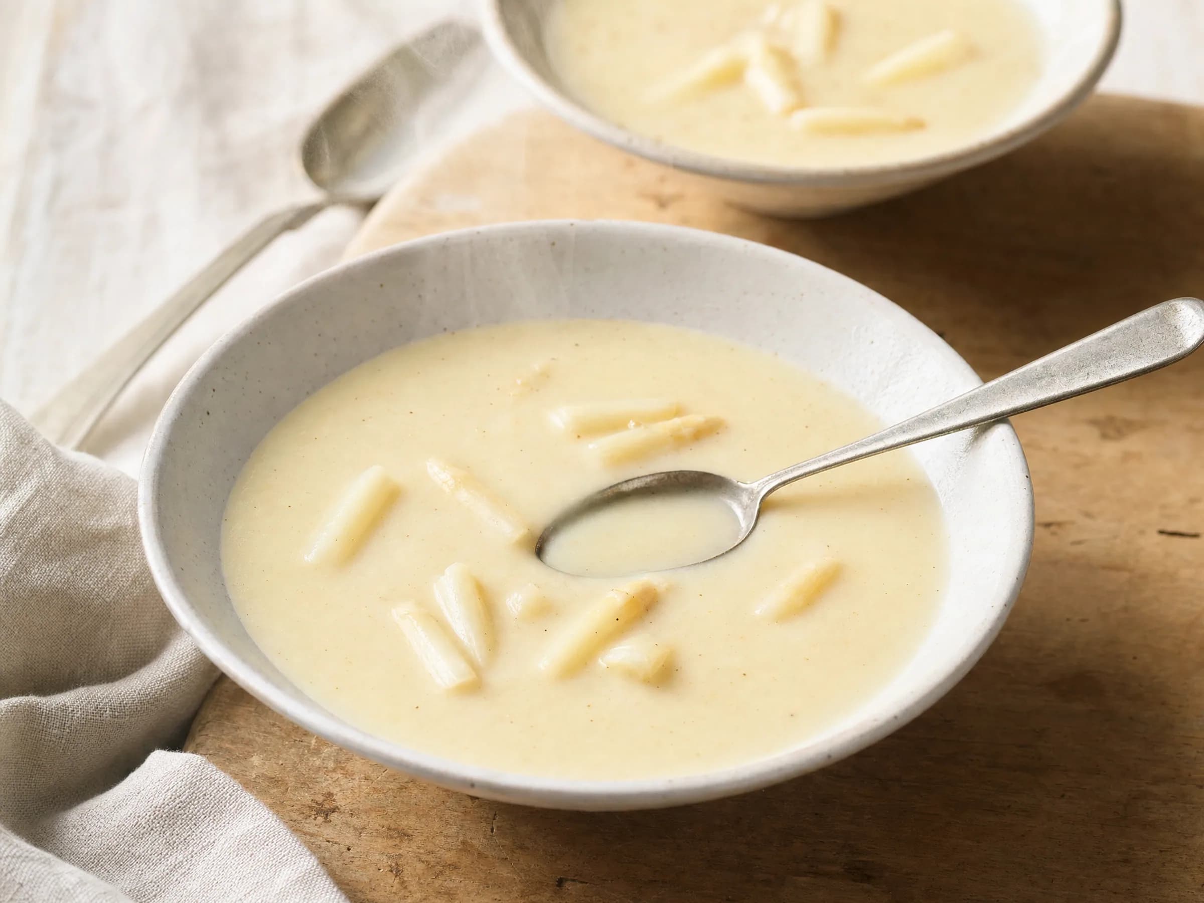 Spargelsuppe aus Schalen mit Einlage Rezeptfoto Spargelsuppe aus Schalen mit Einlage fertig angerichtet