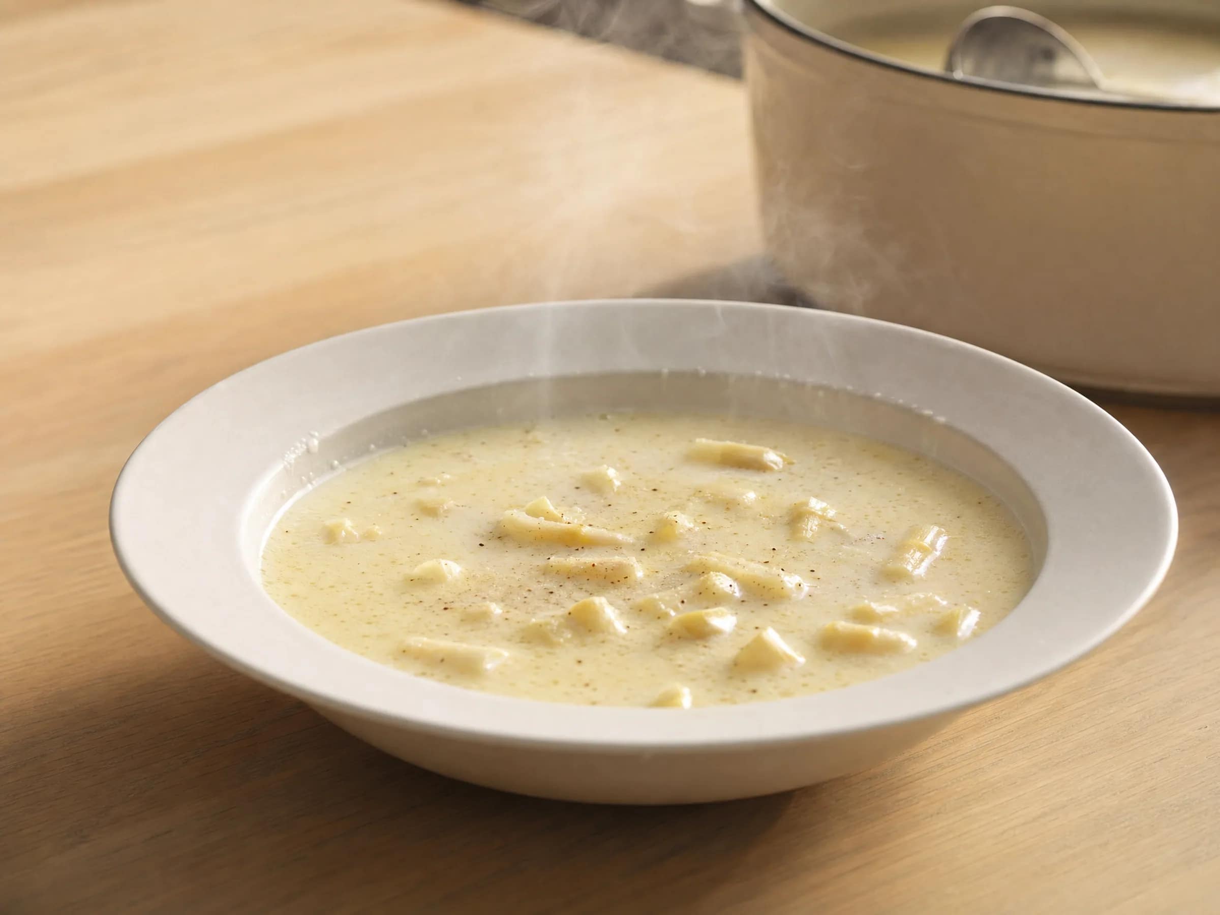 Spargelsuppe aus Schalen mit weißer Spargeleinlage