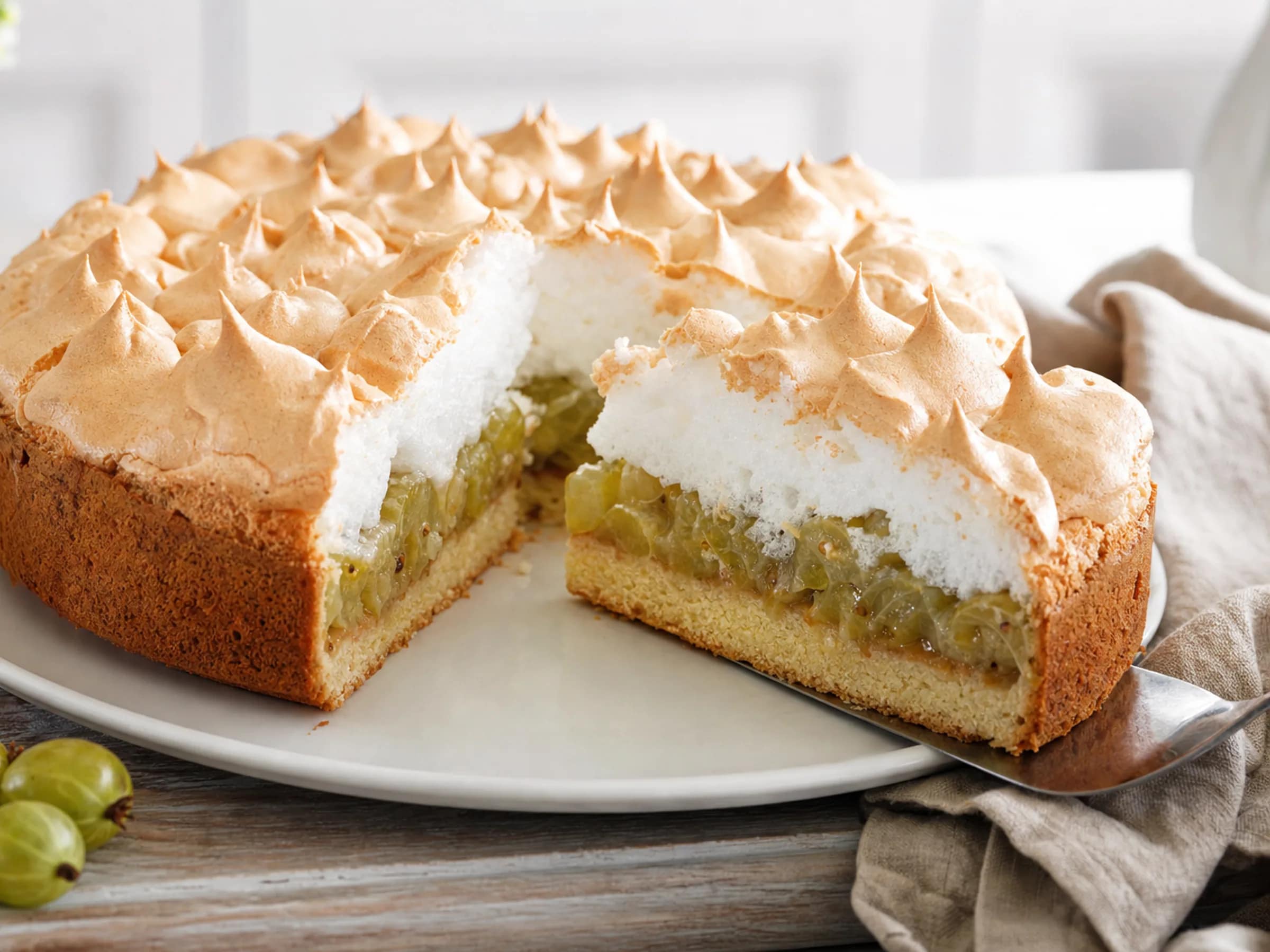Stachelbeerkuchen mit Baiser und Pudding