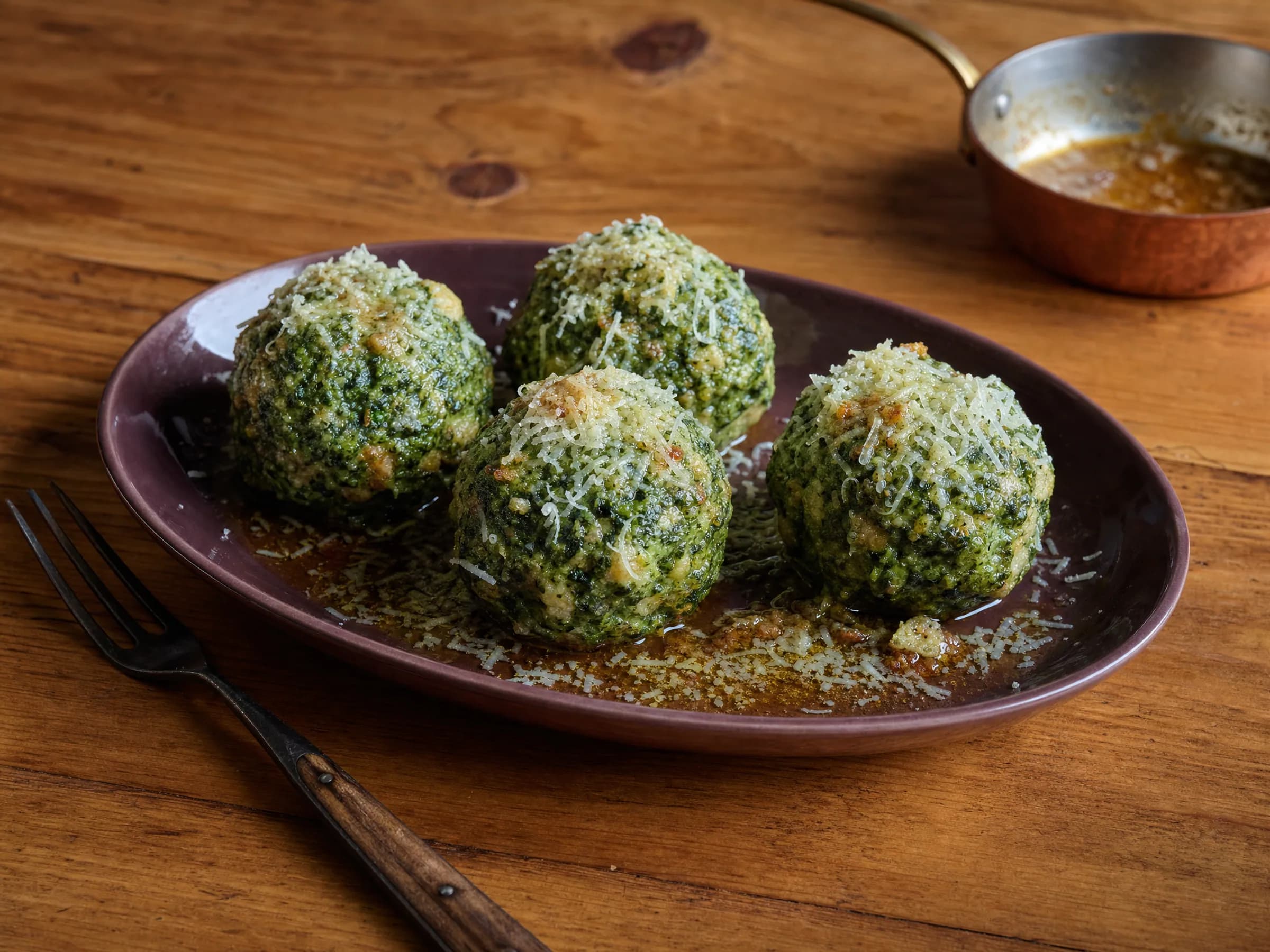 Südtiroler Spinatknödel mit brauner Butter und Parmesan Rezeptfoto Südtiroler Spinatknödel mit brauner Butter und Parmesan fertig angerichtet