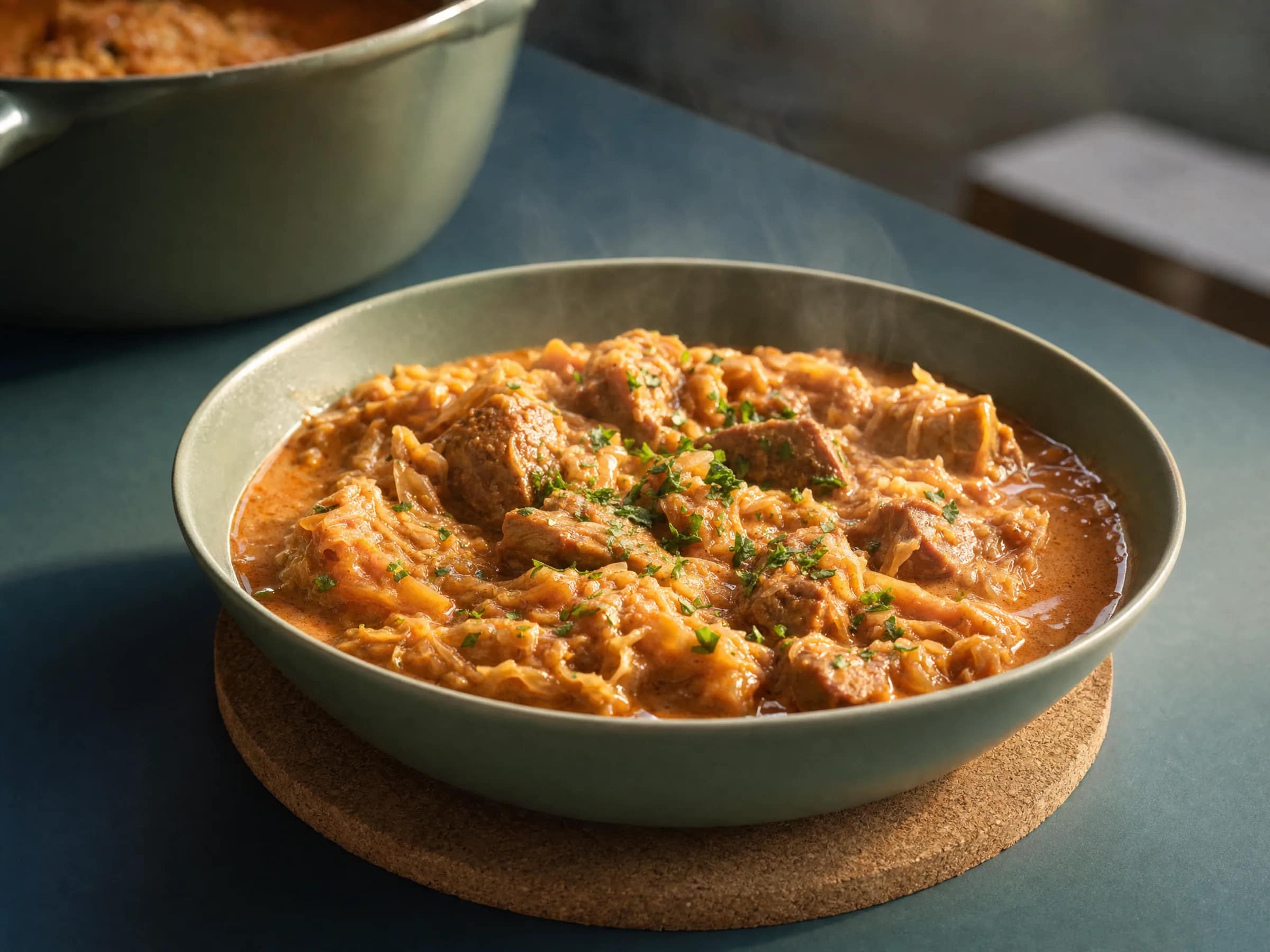 Szegediner Gulasch mit Sauerkraut, Schwein und Sahnebindung Rezeptfoto Szegediner Gulasch mit Sauerkraut, Schwein und Sahnebindung fertig angerichtet
