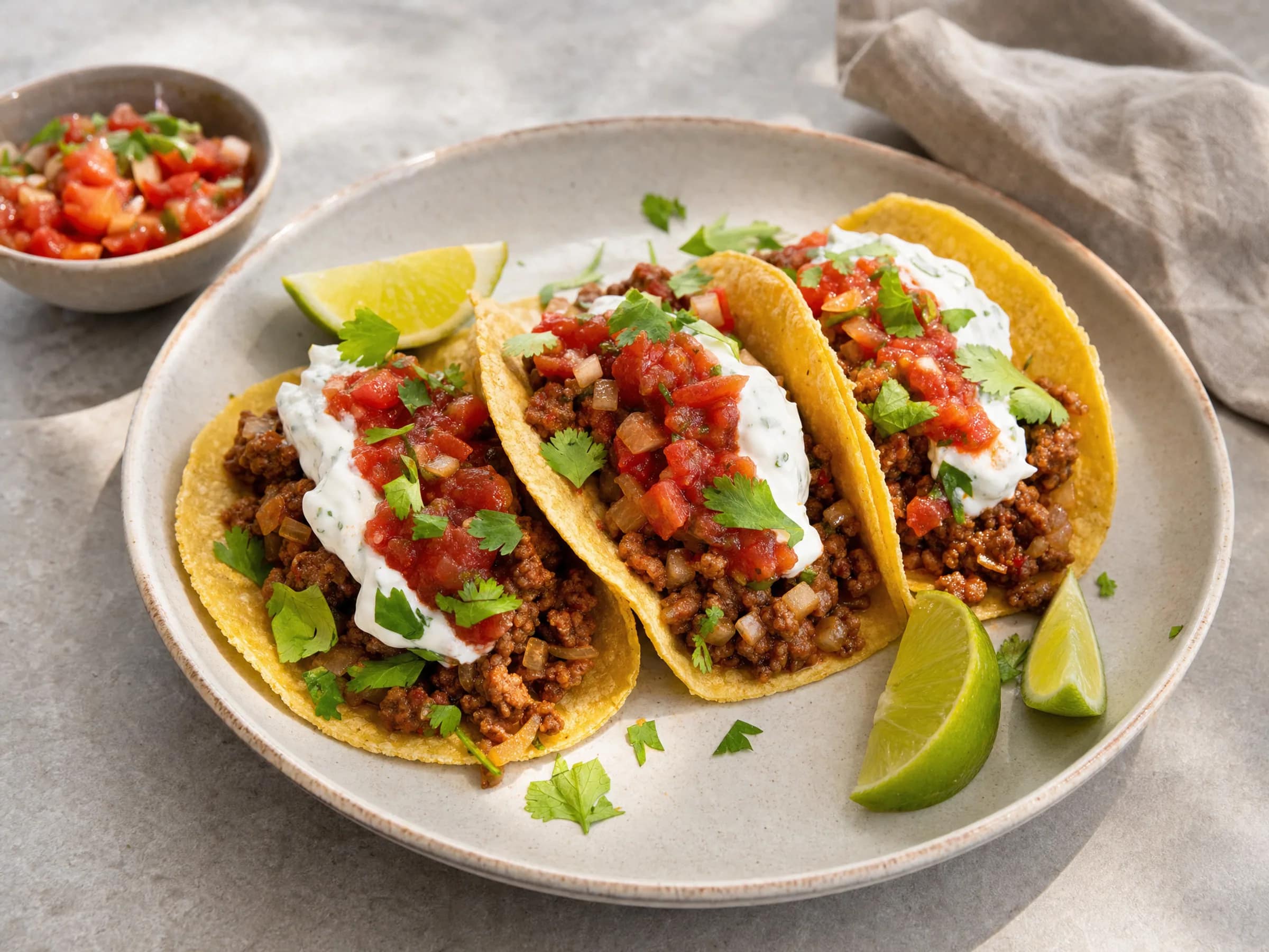 Tacos mit Hackfleisch, Salsa und Limetten-Schmand