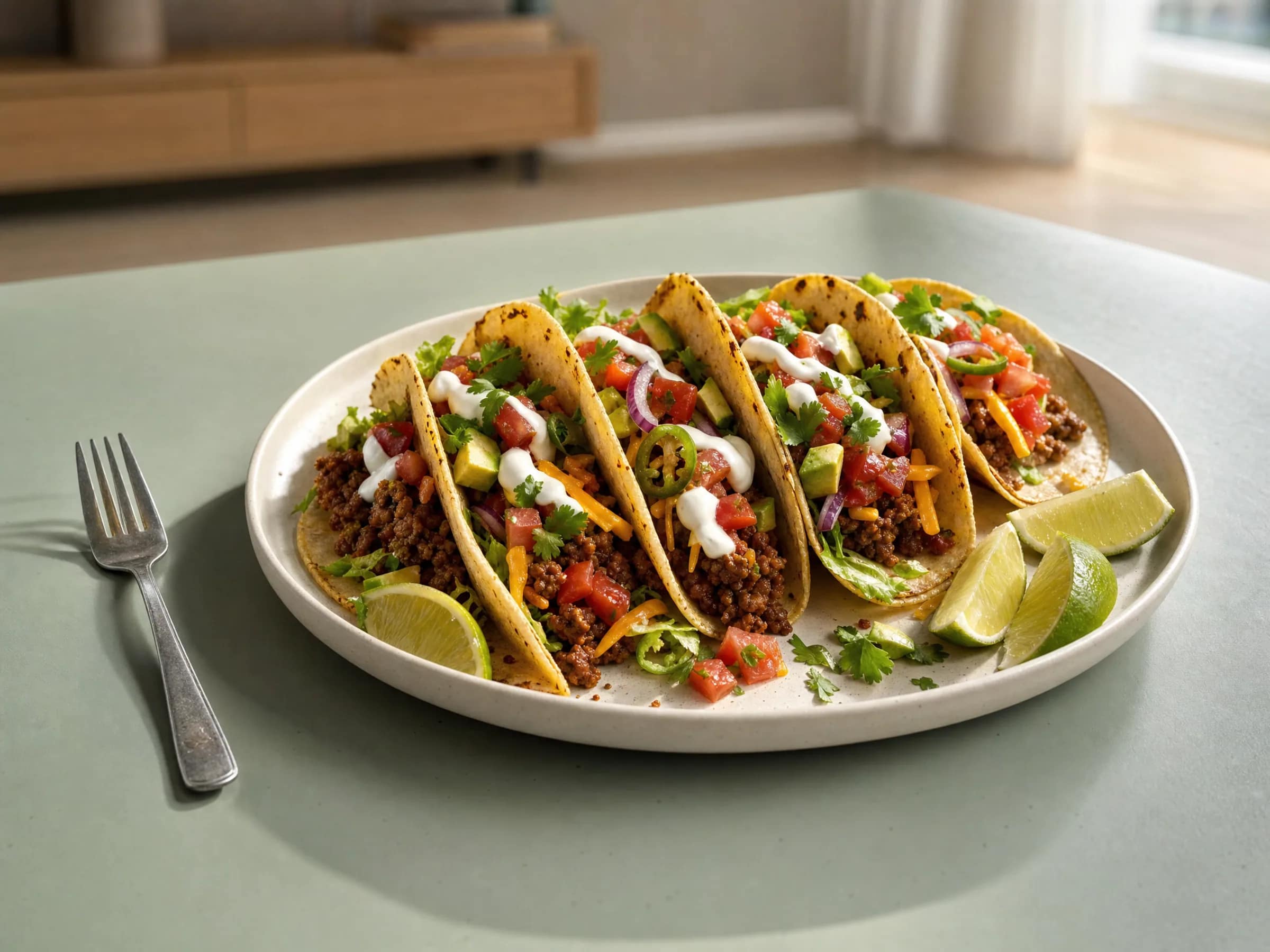 Tacos mit Hackfleisch, Salsa und Limetten-Schmand