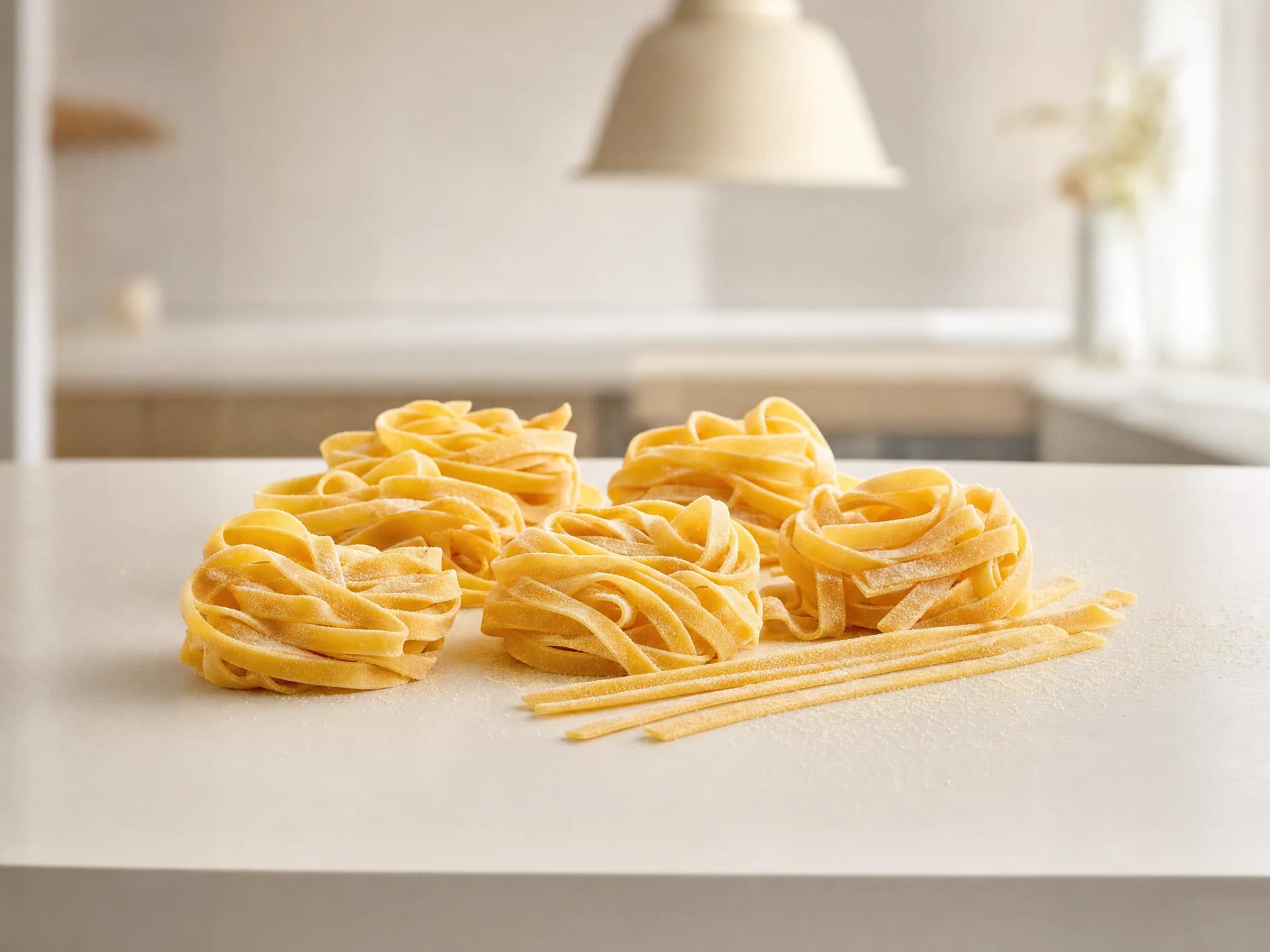 Tagliatelle selber machen – frische Eierpasta mit Nudelmaschine oder Nudelholz Rezeptfoto Tagliatelle selber machen – frische Eierpasta mit Nudelmaschine oder Nudelholz fertig angerichtet