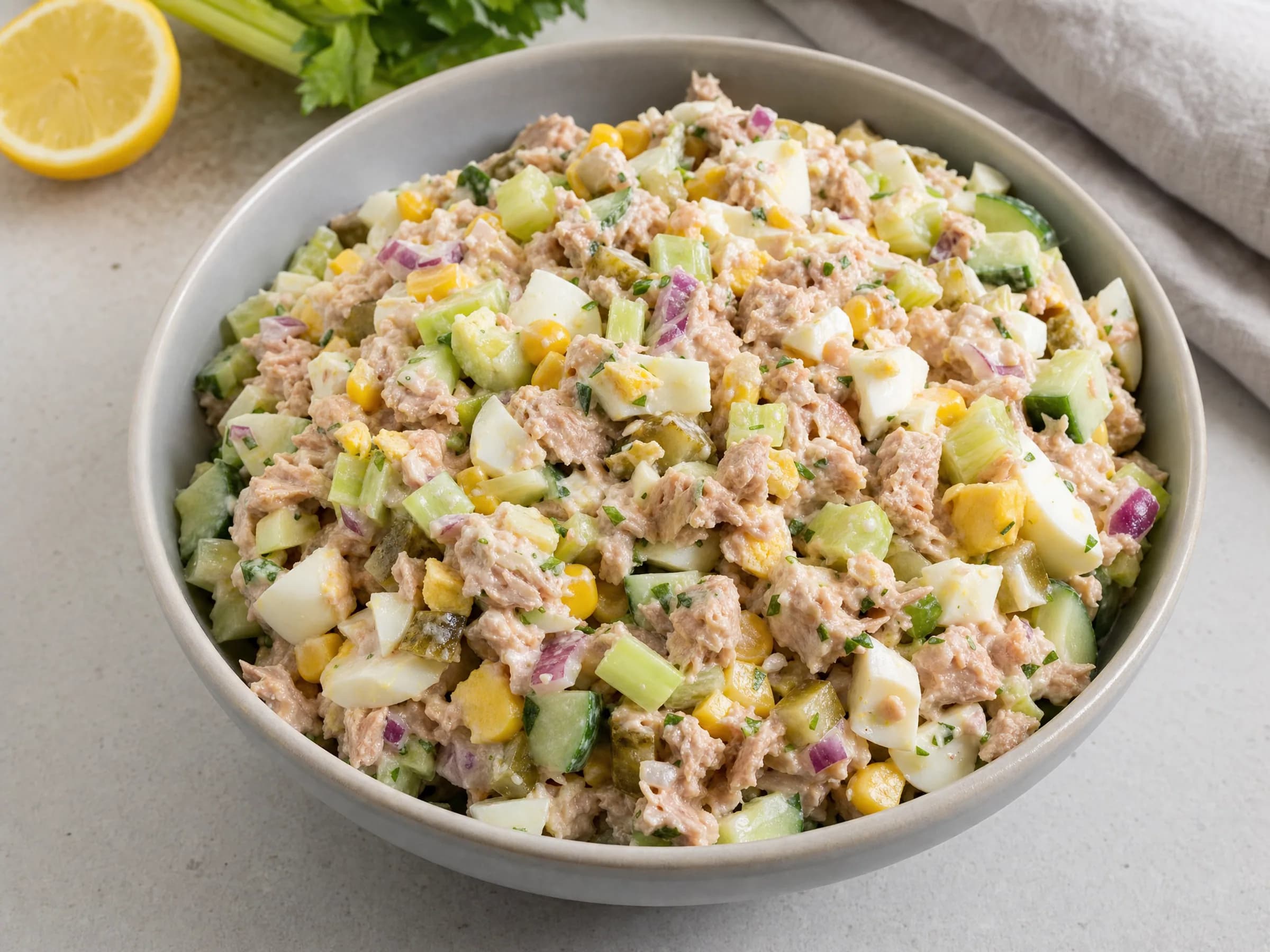 Thunfischsalat mit Ei – frisch und nicht wässrig Rezeptfoto Thunfischsalat mit Ei – frisch und nicht wässrig fertig angerichtet