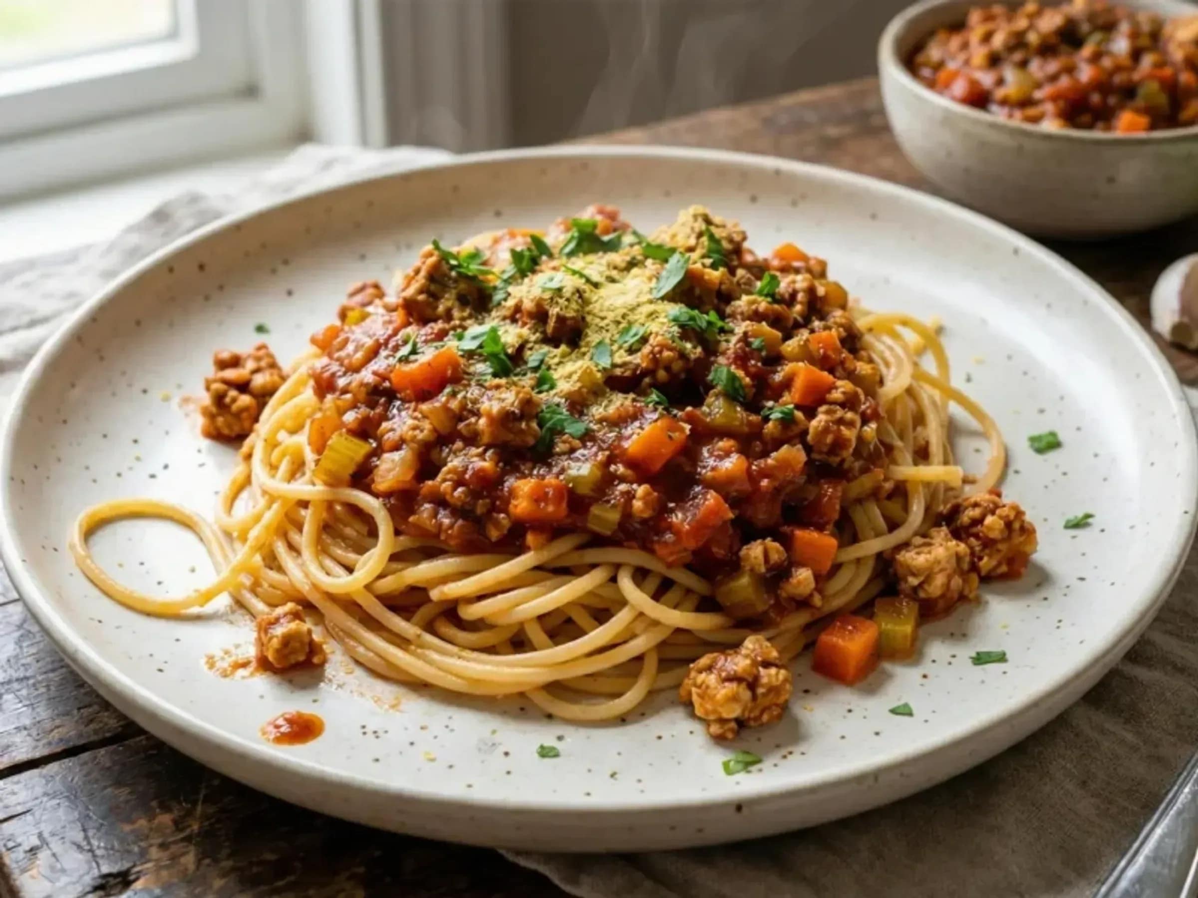 Vegane Tofu-Bolognese mit Spaghetti