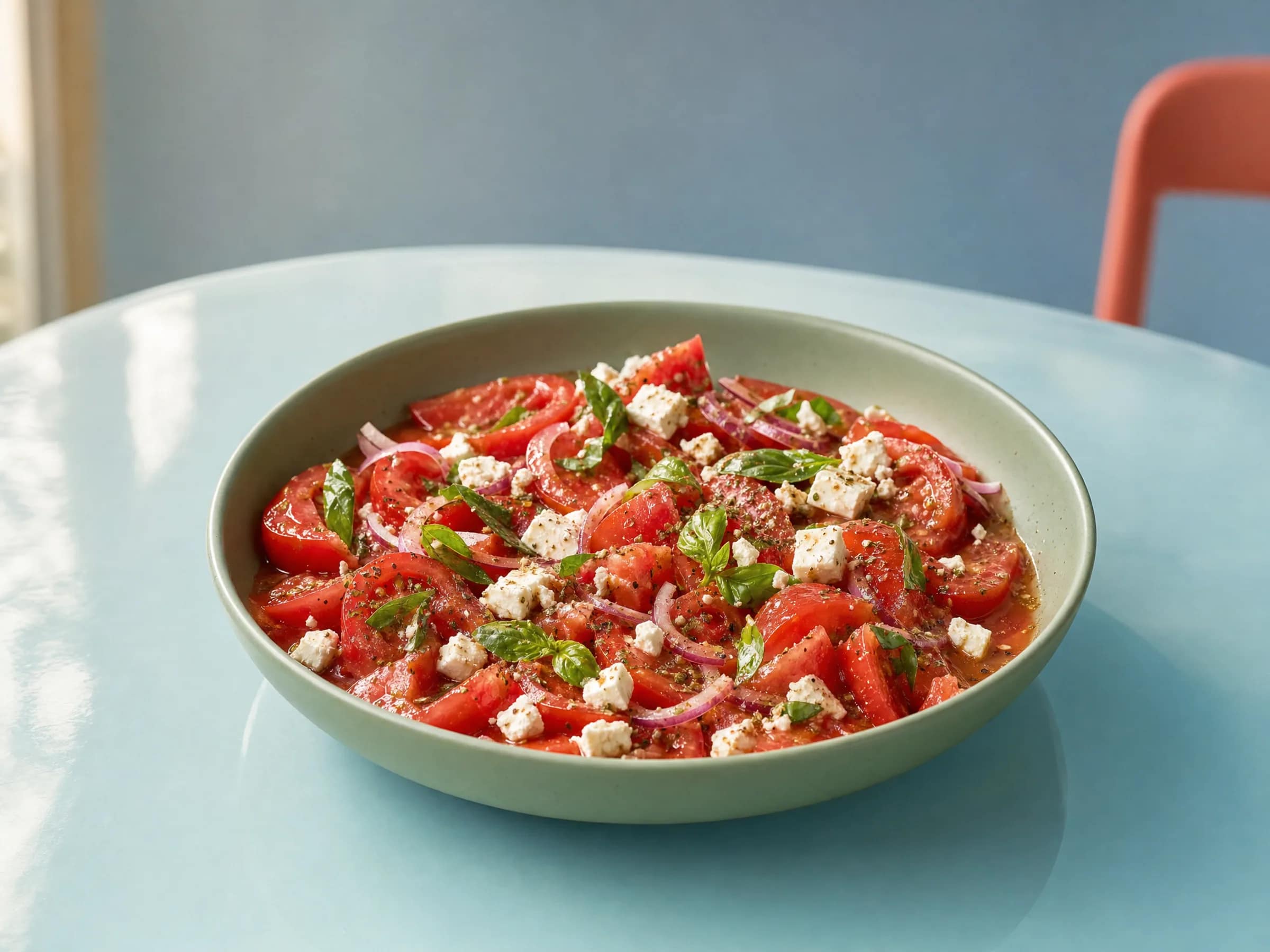 Tomatensalat mit Feta und Tomatensaft-Dressing Rezeptfoto Tomatensalat mit Feta und Tomatensaft-Dressing fertig angerichtet