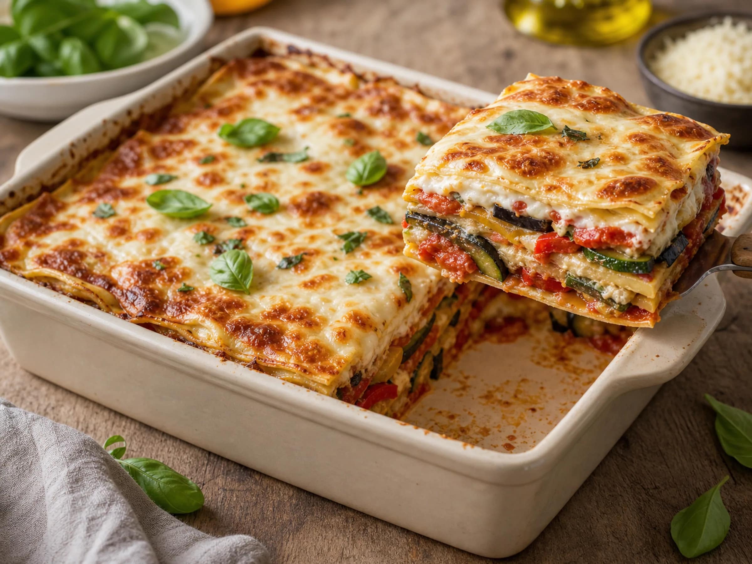 Vegetarische Lasagne mit goldbrauner Kruste Vegetarische Lasagne mit Gemüse, Tomatensauce, Béchamel und goldbrauner Käsekruste