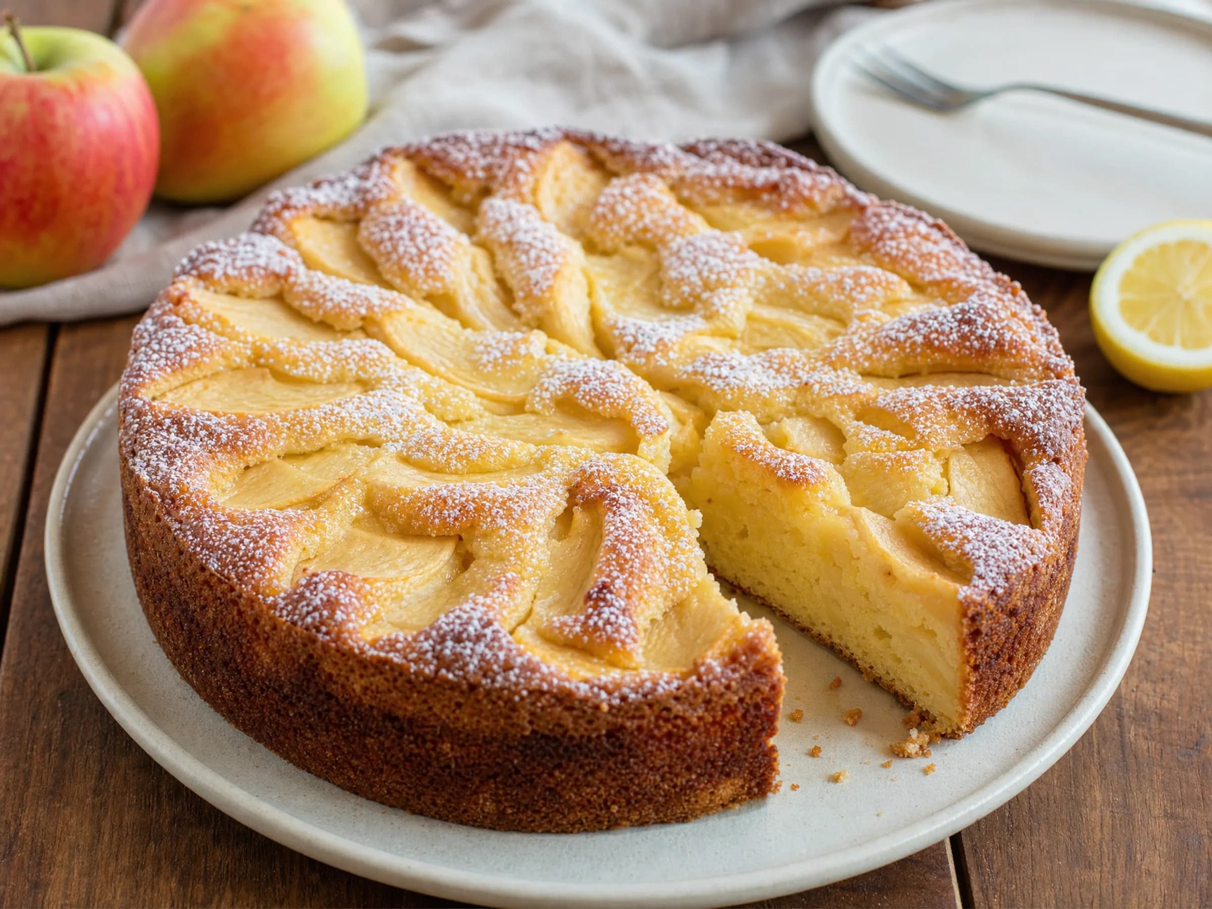 Versunkener Apfelkuchen nach Omas Art aus der Springform Rezeptfoto Versunkener Apfelkuchen nach Omas Art aus der Springform fertig angerichtet