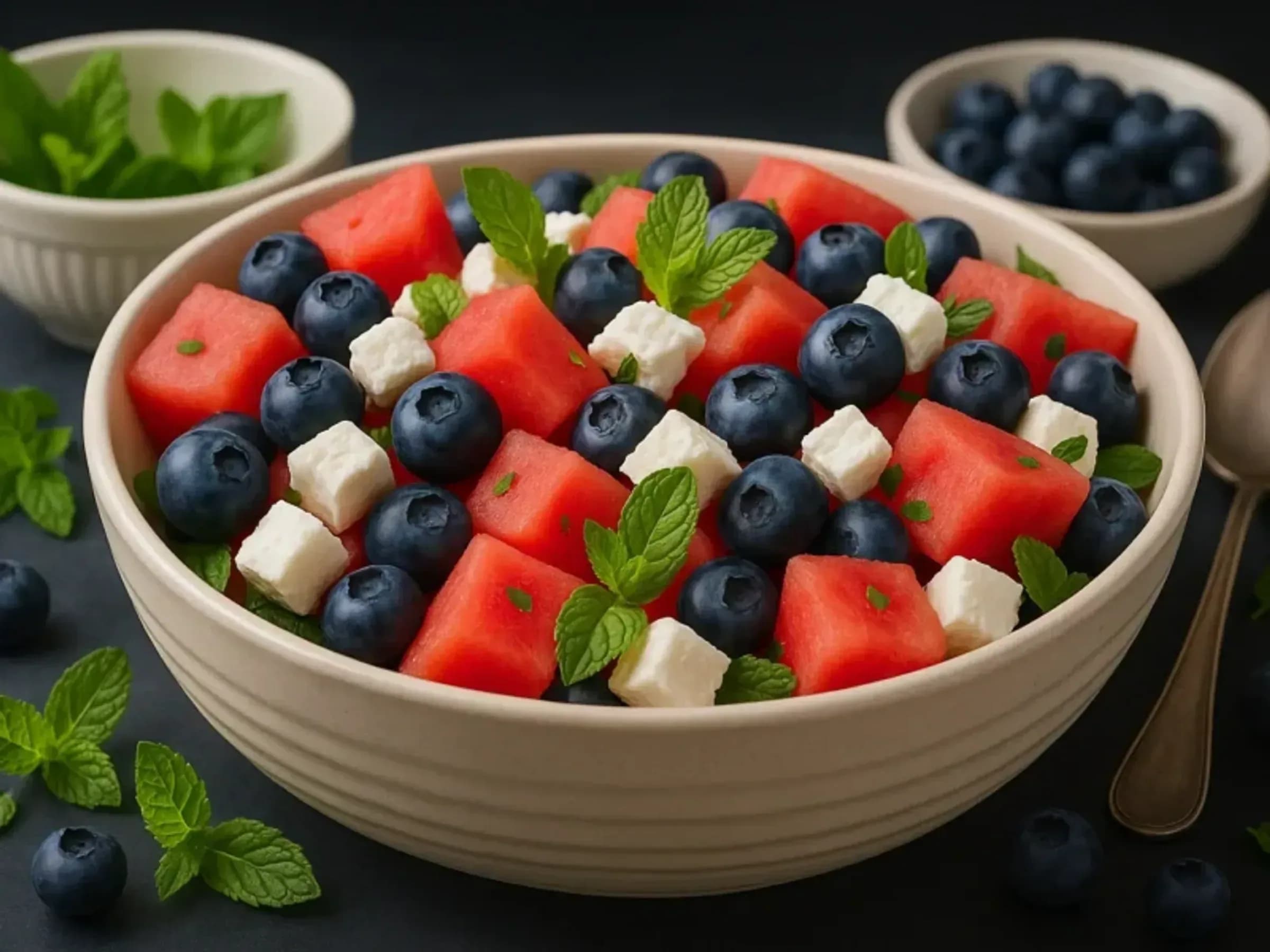 Wassermelonen Feta Salat mit Blaubeeren