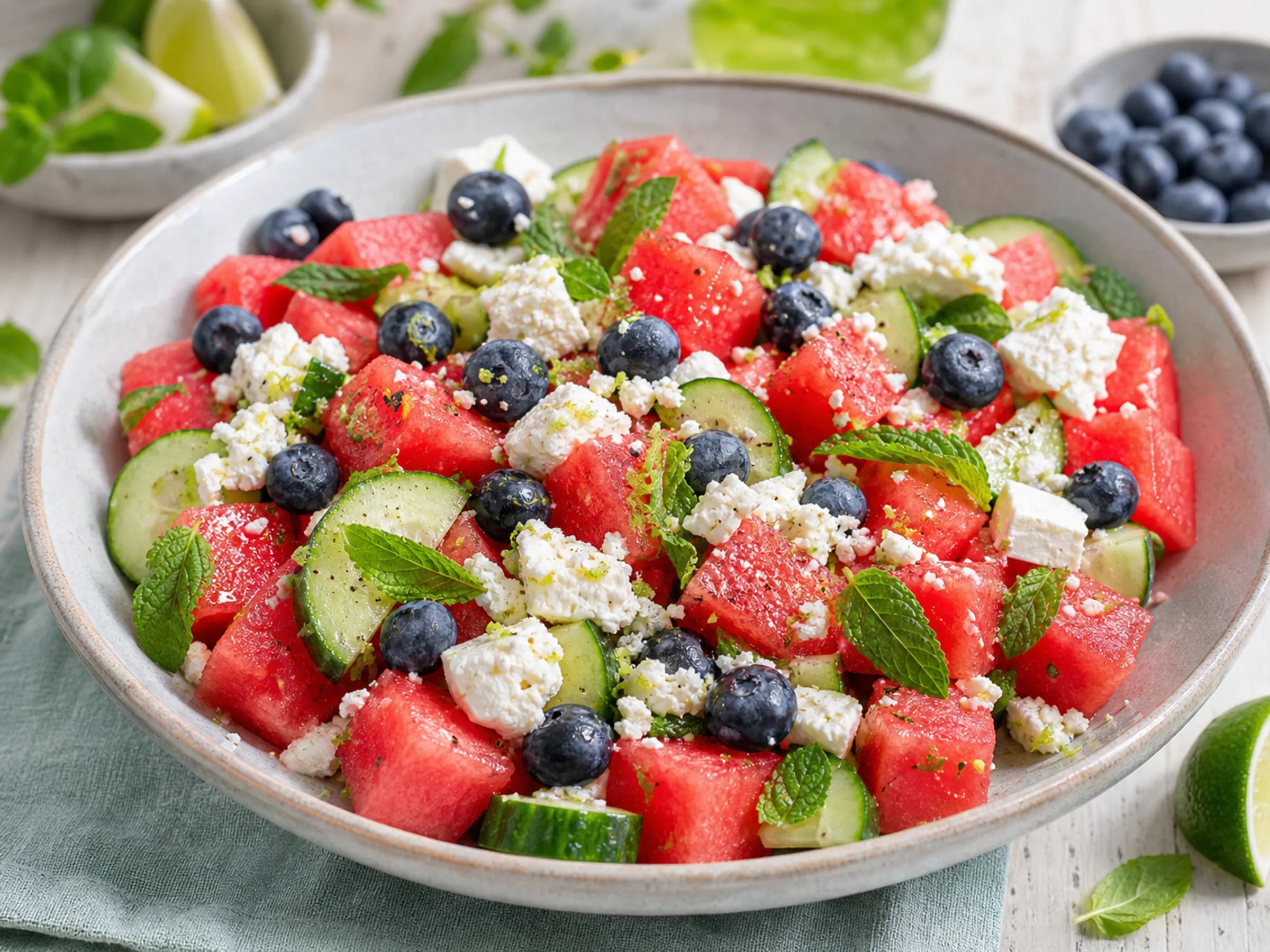 Wassermelonen-Feta-Salat mit Blaubeeren und Minze Wassermelonen-Feta-Salat mit Blaubeeren, Gurke, Minze und Limette auf einem Teller