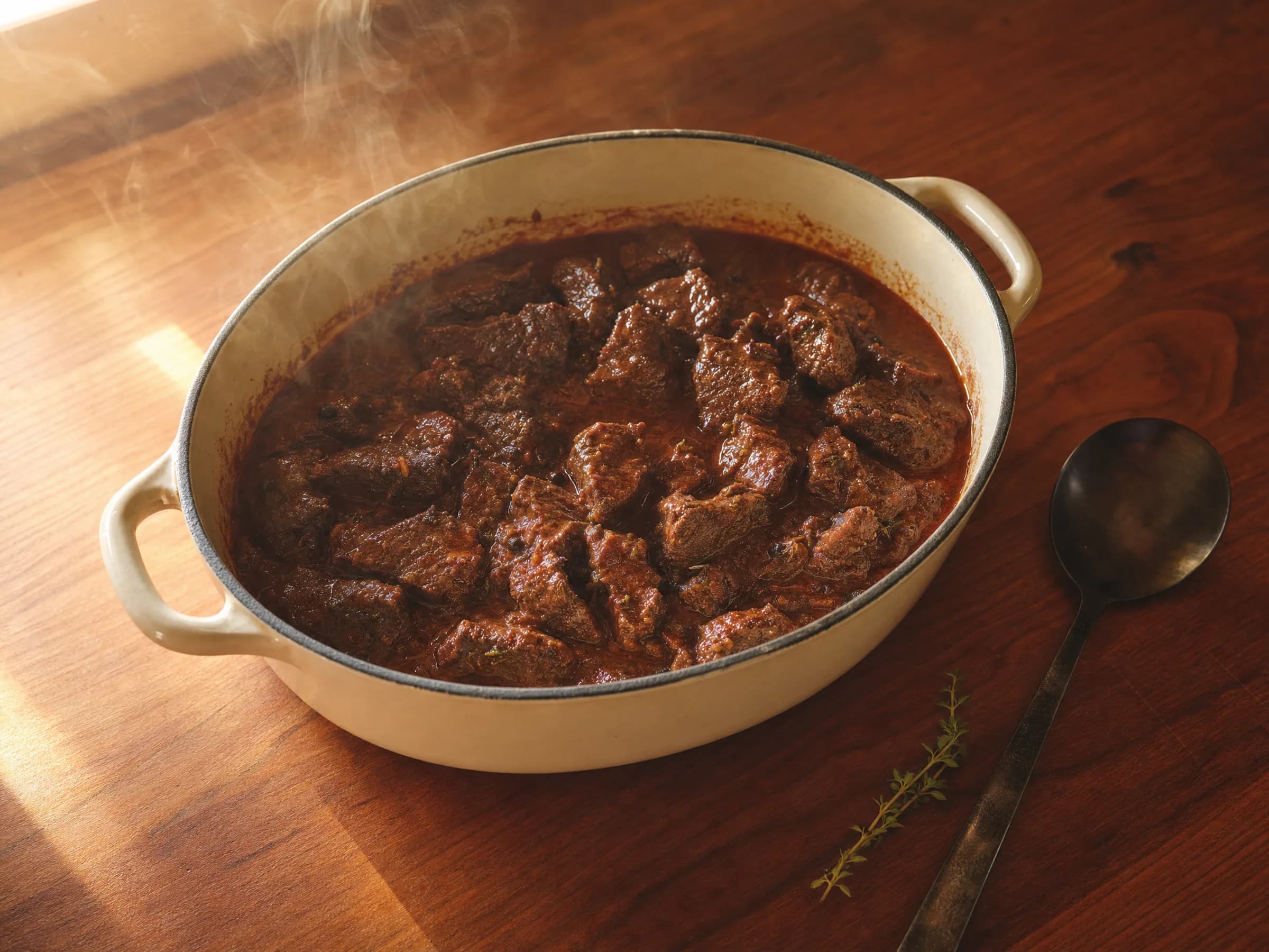 Wildschweingulasch mit Rotwein und Wacholder aus dem Schmortopf Rezeptfoto Wildschweingulasch mit Rotwein und Wacholder aus dem Schmortopf fertig angerichtet