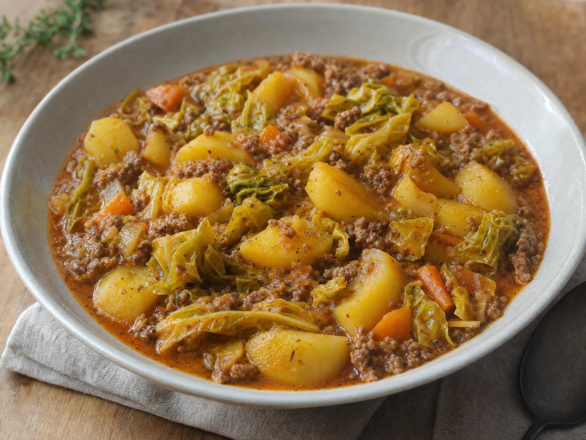 Wirsingeintopf mit Hackfleisch und Kartoffeln Rezeptfoto Wirsingeintopf mit Hackfleisch und Kartoffeln fertig angerichtet