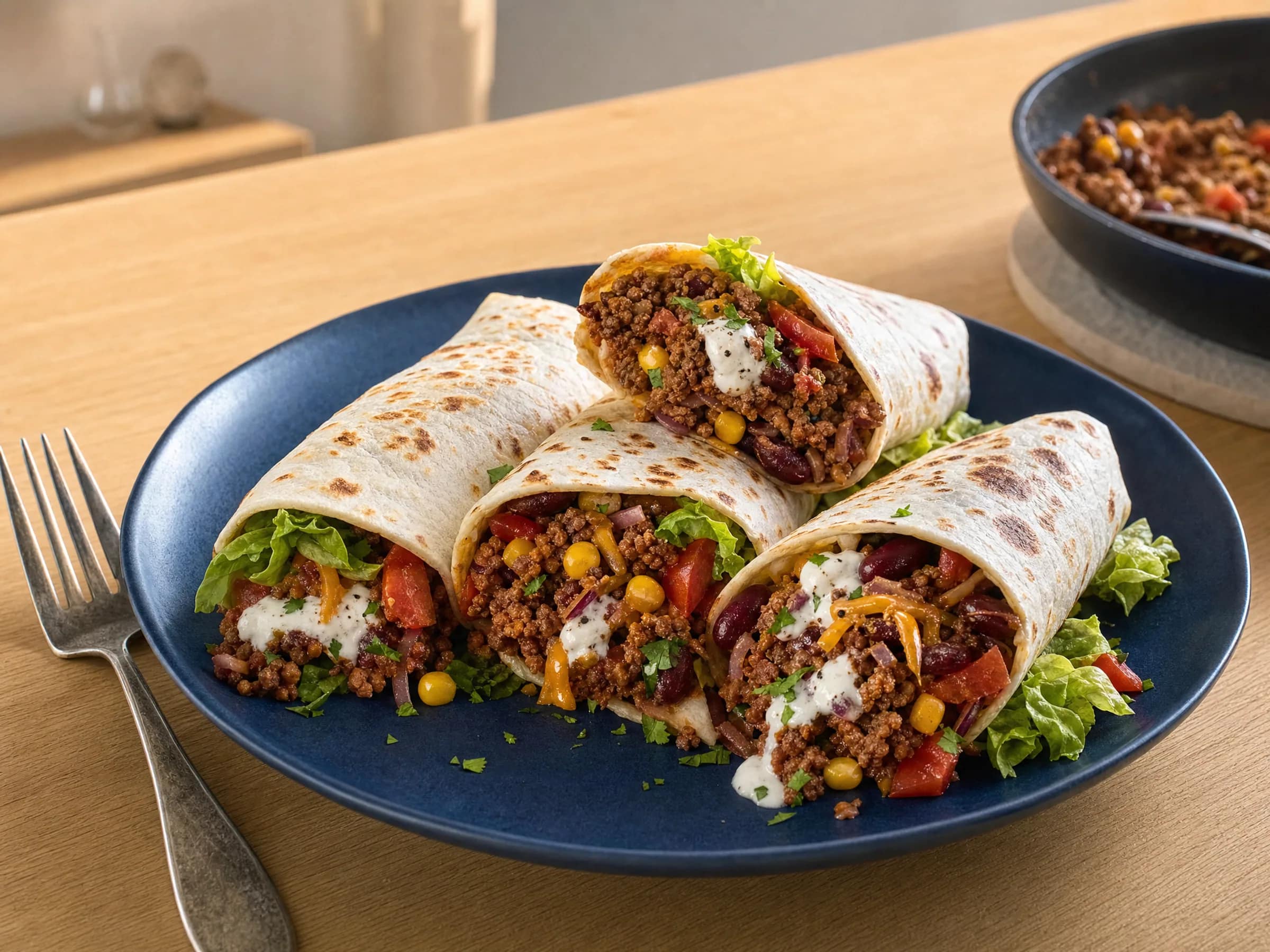 Wraps mit Hackfleisch und weichen Tortillas aus der Pfanne