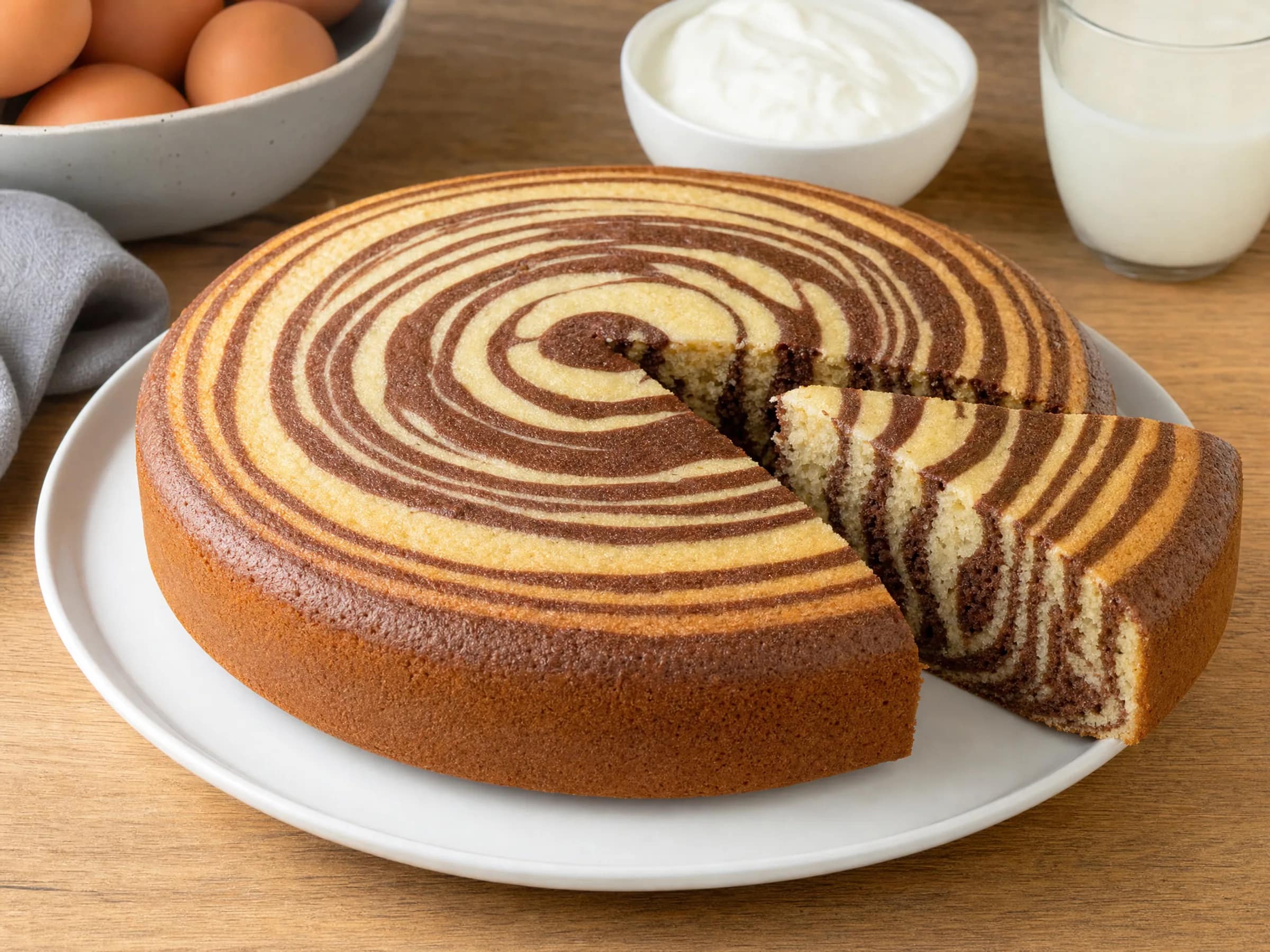 Zebrakuchen mit Joghurt und klaren Streifen Rezeptfoto Zebrakuchen mit Joghurt und klaren Streifen fertig angerichtet