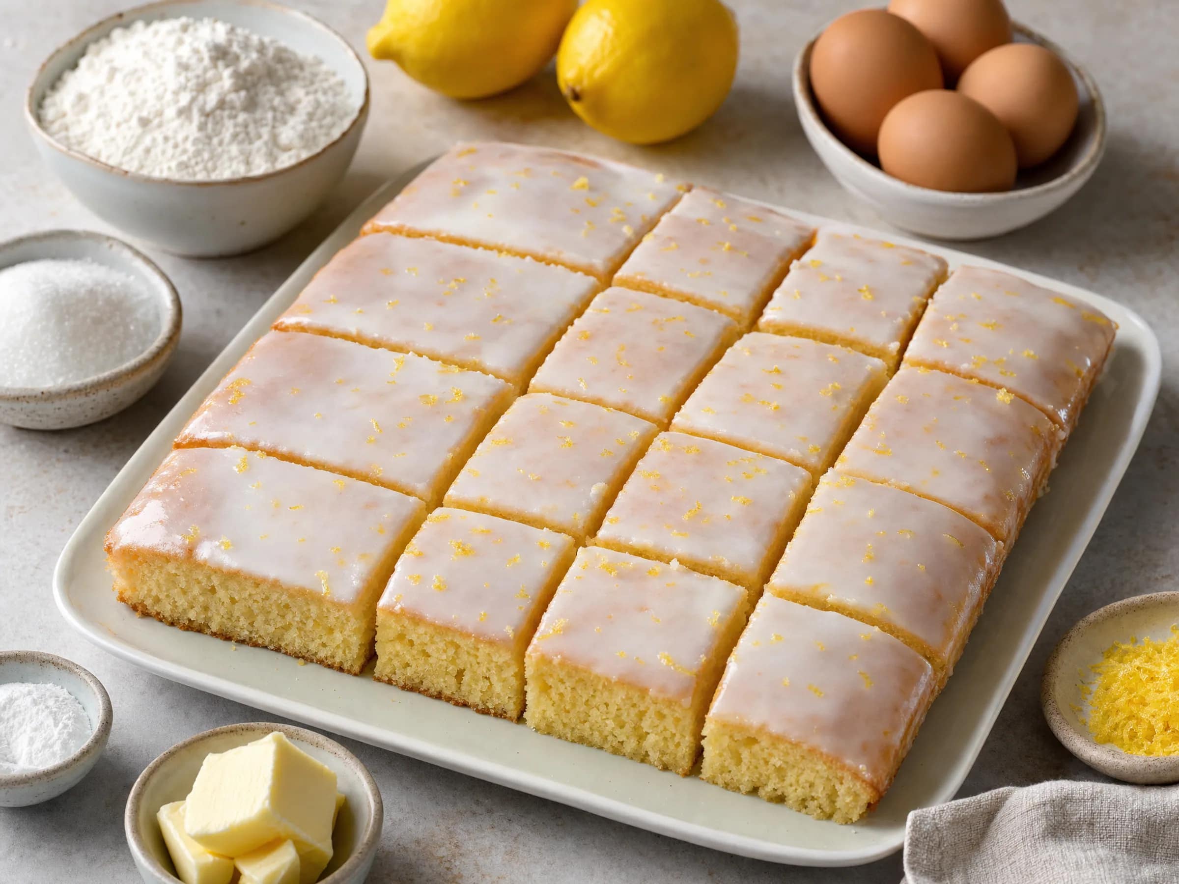Zitronenkuchen vom Blech mit Joghurt und Zitronenguss Rezeptfoto Zitronenkuchen vom Blech mit Joghurt und Zitronenguss fertig angerichtet
