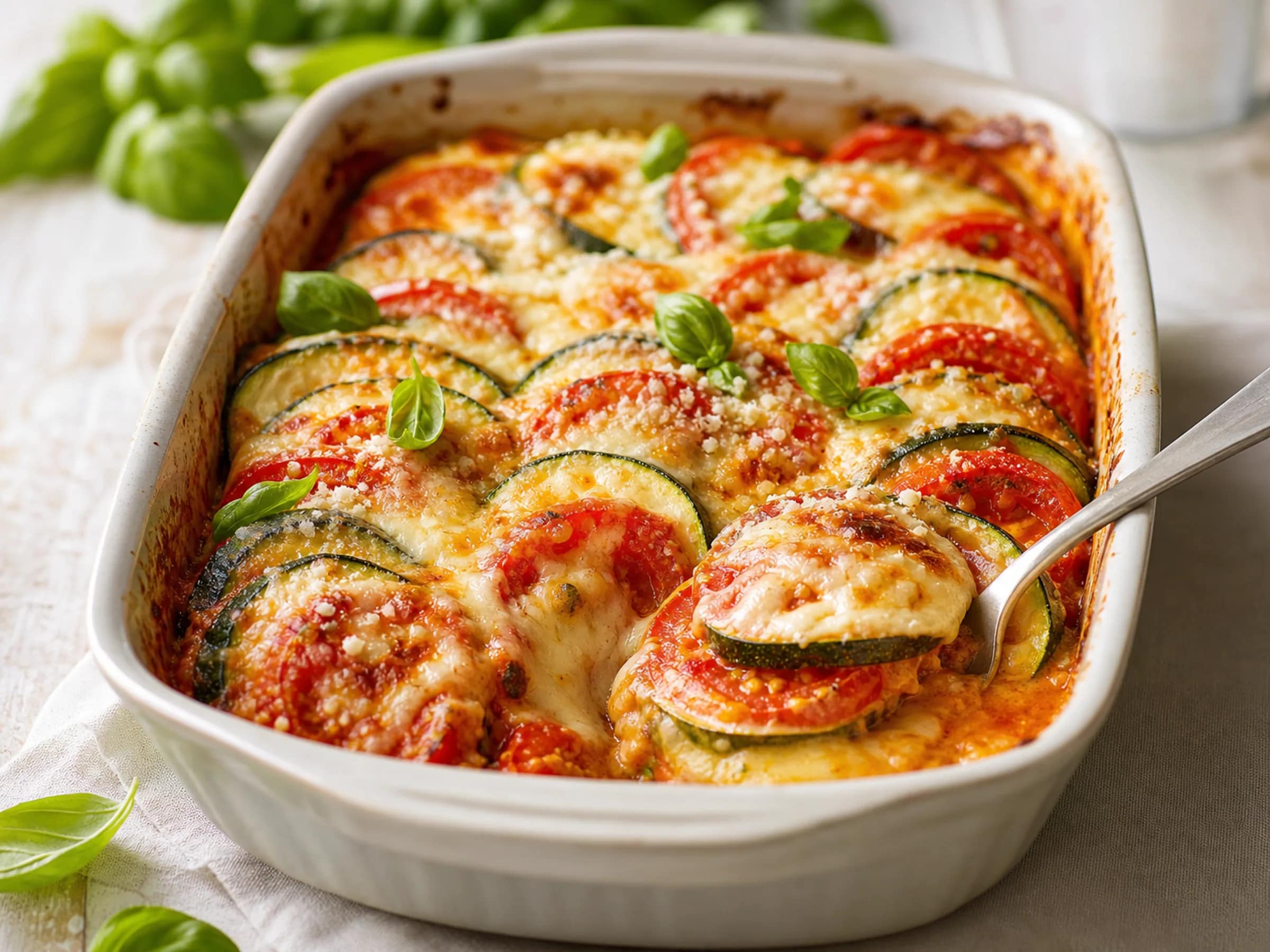 Zucchini-Tomaten-Auflauf mit goldener Käsekruste Zucchini-Tomaten-Auflauf mit geschmolzenem Mozzarella, Parmesan und frischem Basilikum