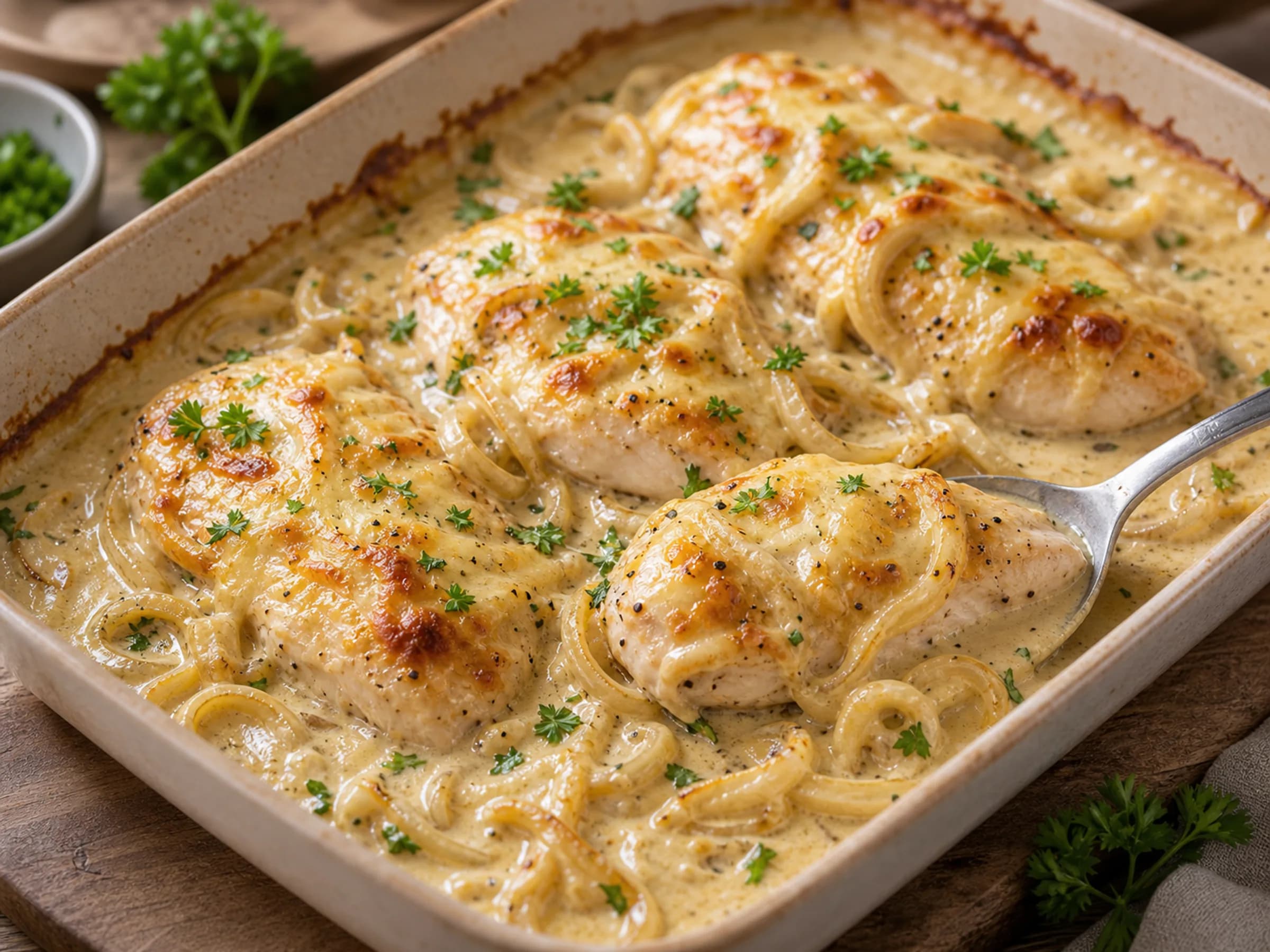 Zwiebel-Sahne-Hähnchen mit goldbraunem Gouda Zwiebel-Sahne-Hähnchen mit cremiger Sauce, geschmorten Zwiebeln und goldbraunem Gouda